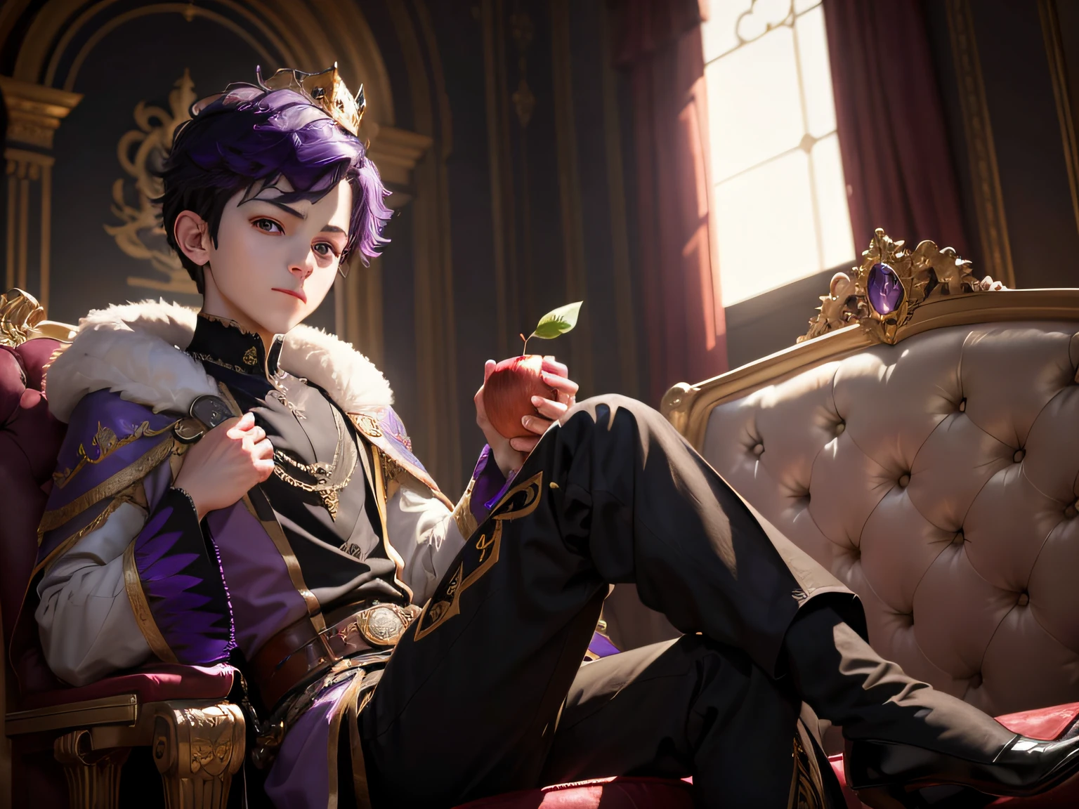 1 boy, not smile, short dark purple male hair, dark purple eyes, wearing royal wear, perfect crown, sitting at throne, 1 hand carrying an apple, absurdres, high res, ultrasharp, 8K, masterpiece, looking at viewer