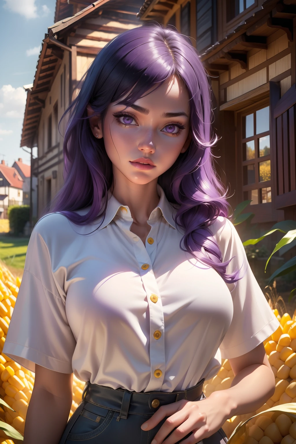 (MiJungdef), bbyorf, (purple eyes), ((purple hair)), (medium hair), (Masterpiece:1.2), (Best Quality), (perfect face), perfect skin, (detailed body:1.3), (detailed face:1.2), (rendered eyes:1.3), 80's_jiaopian, 1girl, black hair, ((realistic)), ((photorealistic)), ((high-res, masterpiece, best quality, cinema lighting)), cowboy shot, close-up, long lair, giant breasts, white shirt, looking at viewer, standing, upper body, outdoors, european town, wooden houses, scarecrow, afternoon, field, corn field, golden corn field,