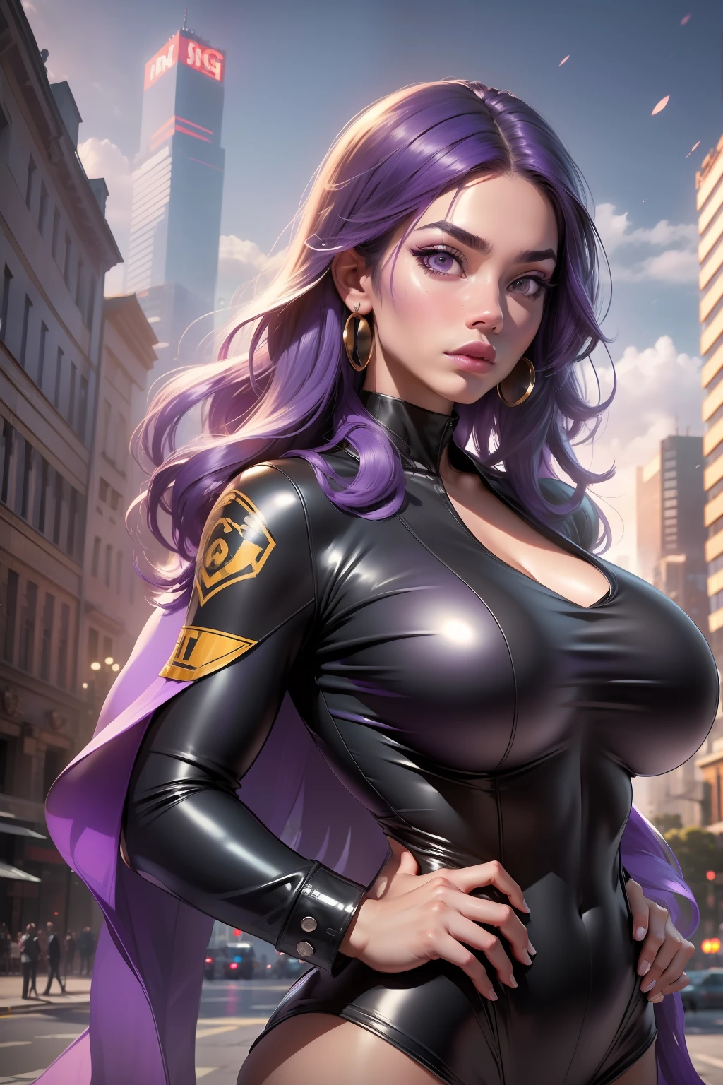(MiJungdef), bbyorf, (Masterpiece:1.2), (Best Quality), (perfect face), perfect skin, (detailed body:1.3), (detailed face:1.2), (rendered eyes:1.3), 80's_jiaopian, 1girl, (giant breasts:2), ((realistic)), (purple eyes), (((purple hair))), (medium hair), ((photorealistic)), ((high-res, masterpiece, best quality, cinema lighting)), cowboy shot, close-up, (black business suit), looking at viewer, standing, upper body, outdoors, cityscape, buildings, streets,