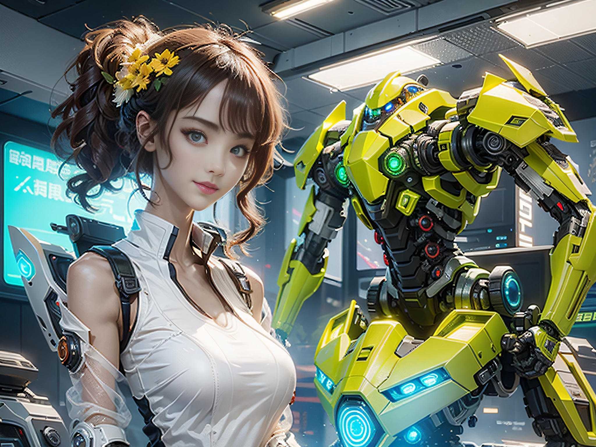 masterpiece, high quality, ultra-delailed,
A female robot leaking lubricant from its lower abdomen, the model is a Japanese woman in her 40s, silver metallic body, antenna-shaped ears, green eyes, expressionless