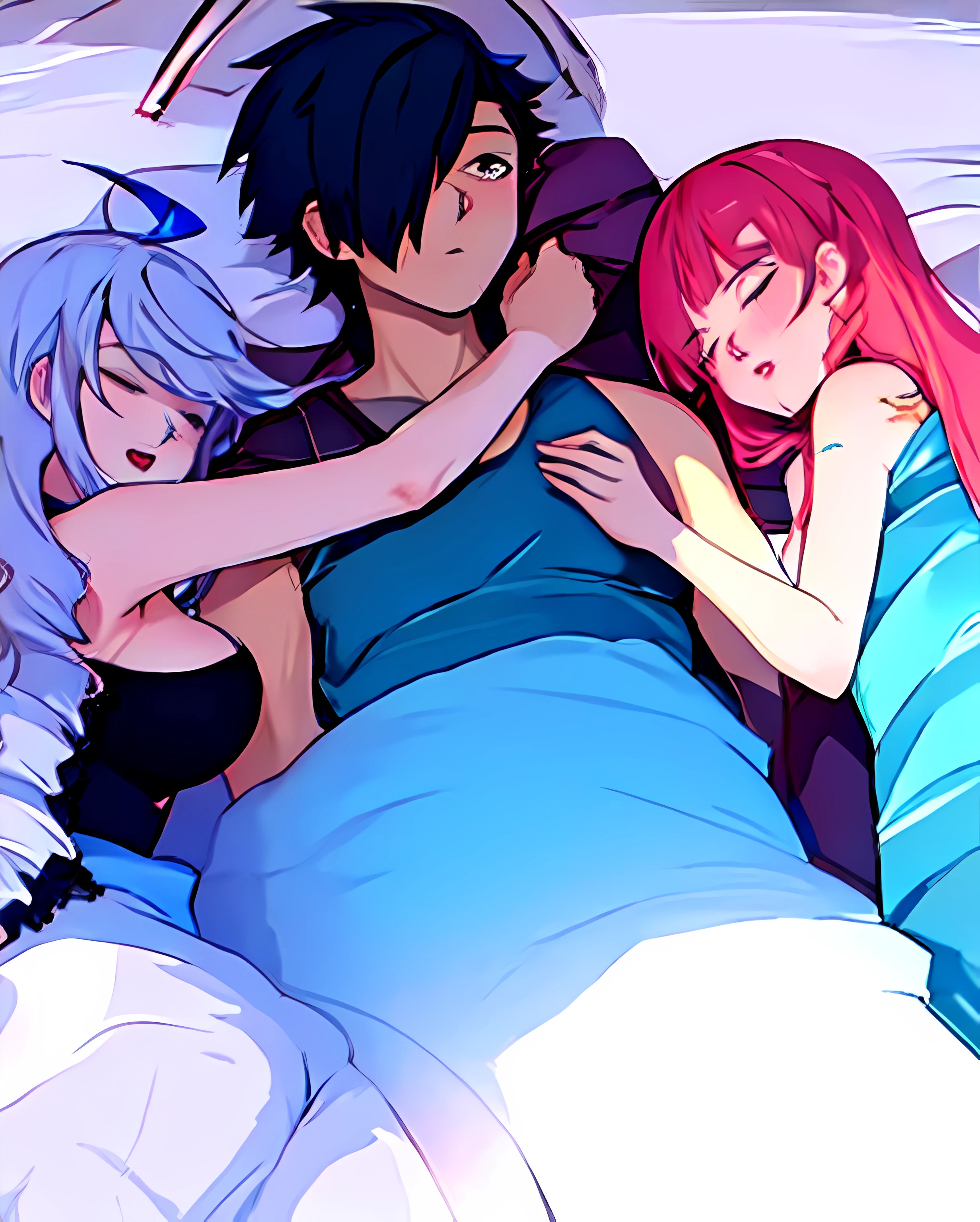 personagens de anime deitados na cama com um segurando o outro, Melhor Avaliado em Pixiv, na empresa Pixiv, por Shingei, Descansando, anime suave, Acordar, Bakemonogatari, Shoujo romance, Pixiv, Soft anime illustration, Shoujo, Pixiv 3dcg |, Popular em Pixiv, fanart de alta qualidade, estilo anime ecchi, cena de anime