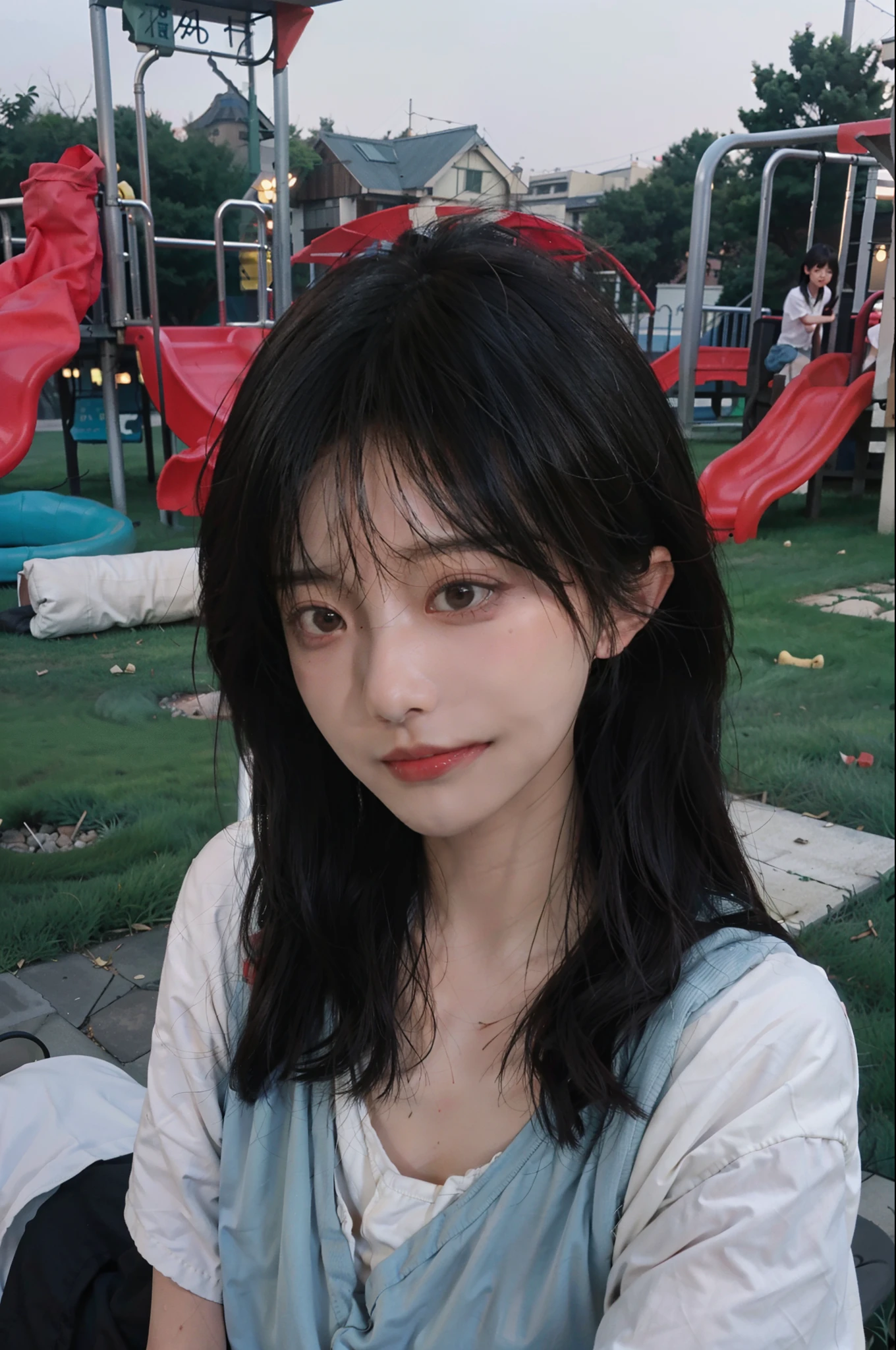 8K,best qualtiy,tmasterpiece,超高分辨率,(真实感:1.4),RAW photogr,(True skin texture:1.3),(filmgrain:1.9),(Selfie angle),1个Giant Breast Girl,Beautiful eye and face details,tmasterpiece,Best quality at best,closeup cleavage,Children's wear,In the playground