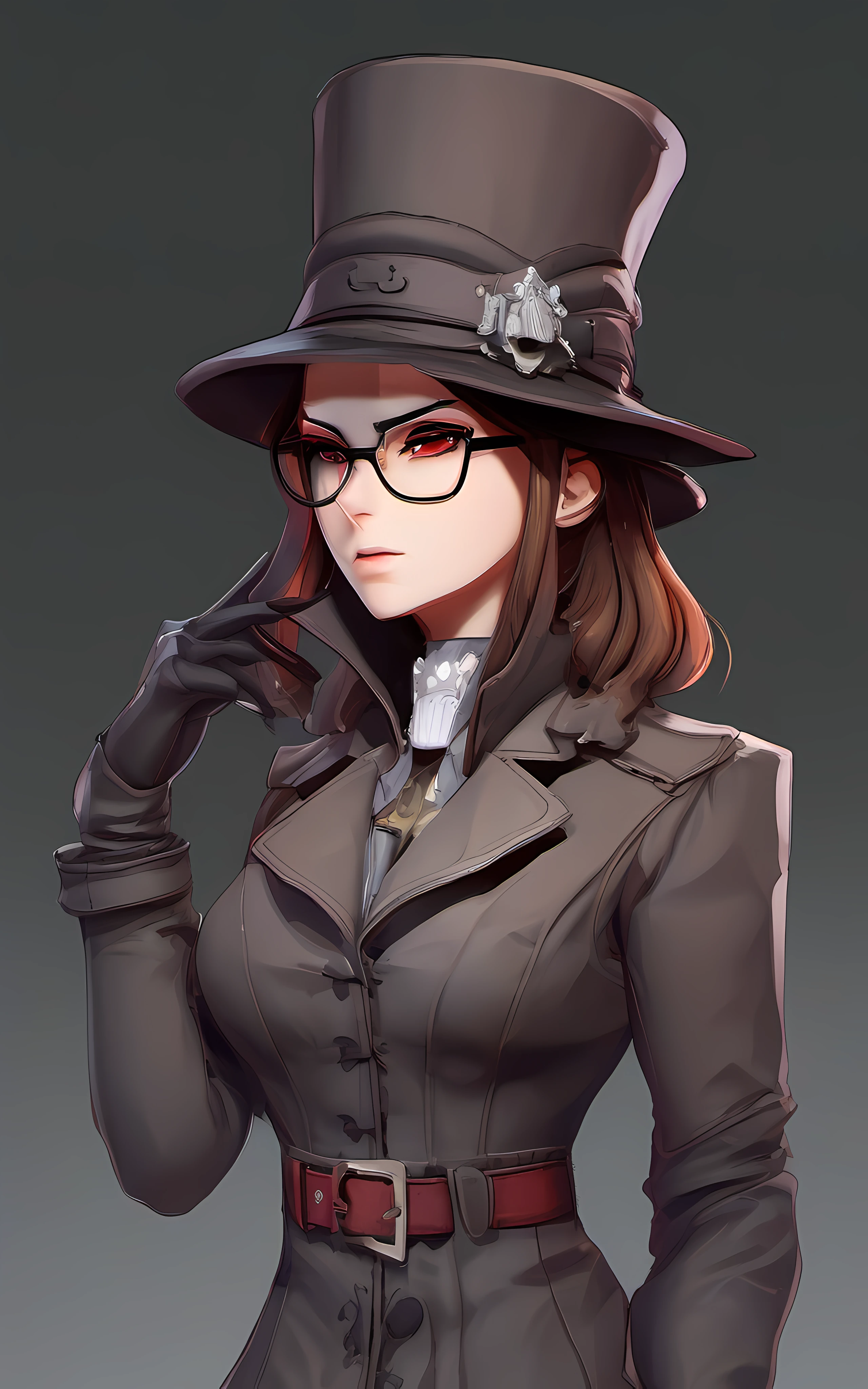 (mediun full shot:1.3),(/(darkest dungeon/) style:0.5),fantasy, dnd, (1girl, shy, angry, tired), skinny, thin, vampire, kingsglaive garb, (detective outfit, detective hat:1.3),(ashy brown hair, red eyes), victorian outfit,glasses, ((dark crypt background)), white warm illumination, realistic anime artstyle