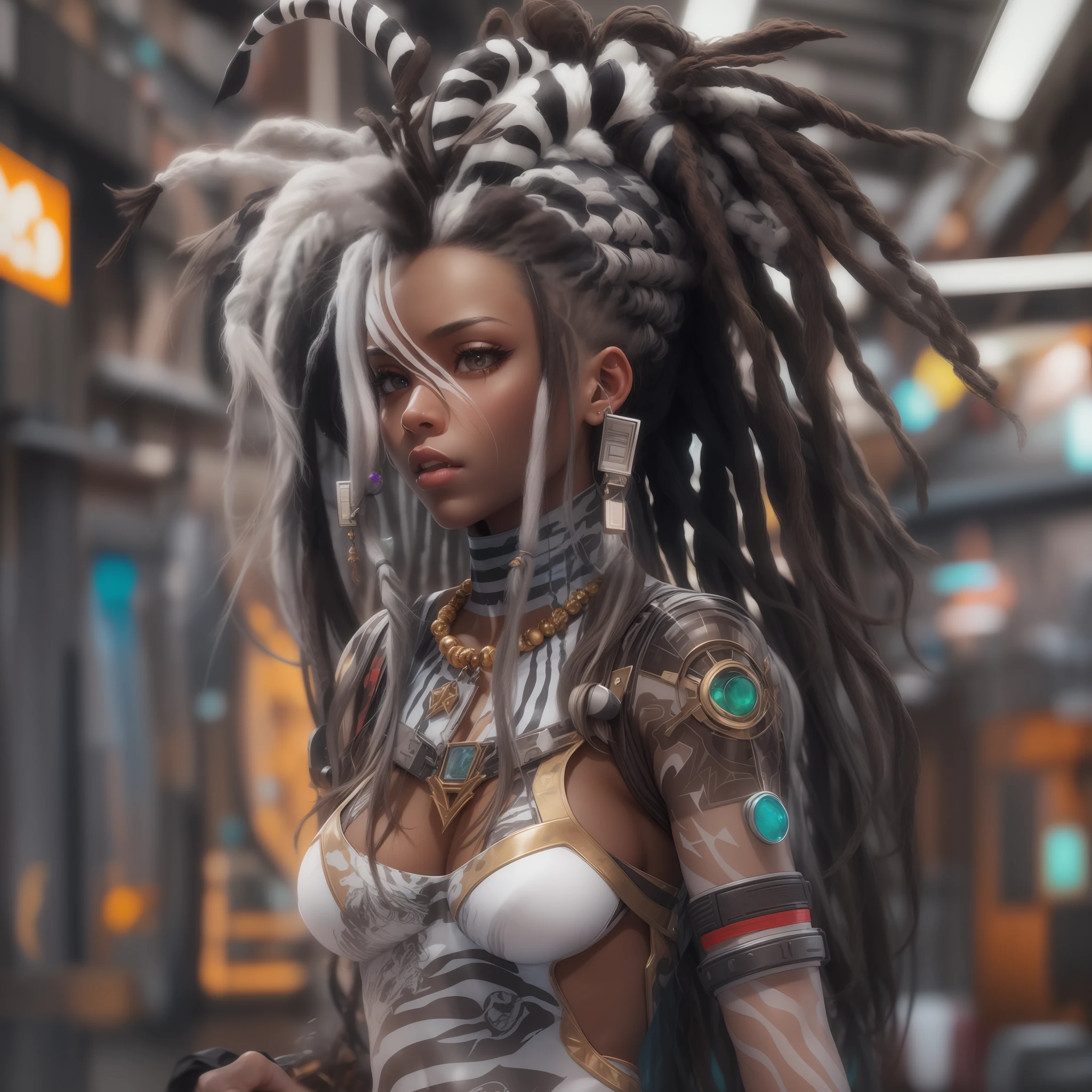 ((Best quality)), ((masterpiece)), (detailed: 1.4), (Absurd), Zulu warrior, zebra, African bracelets and necklaces, black skin, cybernetic hands, Clothing with zebra skin camouflage, explosion of colors, cosmic tattoo, nebulous, sculptural body defined muscle, whole body, half thick naked thighs, closed mouth, body covered by technological clothing, Neon Genesis Evangelion style, cyberpunk, generous neckline, ((perfect medium breasts)), (super light brown eyes), ((clothing with zebra skin camouflage)), (((black and white hair with dreadlocks)))), long and black eyelashes heavy makeup, various African jewelry, bare legs, by mucha, niji --V5, close to real, psychopath, crazy face, sexy pose, fractal background, 2 piece clothing, pastel, centered, scale to fit the dimensions, HDR (High Dynamic Range), Ray Tracing,NVIDIA RTX,Super-Resolution,Unreal 5,Subsurface Dispersion, PBR Texture, Post-processing, Anisotropic Filtering, Depth of Field, Maximum Clarity and Sharpness, Multilayer Textures, Albedo and Specular Maps, Surface Shading, Accurate Simulation of Light-Material Interaction, Perfect Proportions, Octane Render, Two-Tone Lighting, Wide Aperture, Low ISO, White Balance, Rule of Thirds, 8K RAW, Crysisnanosuit