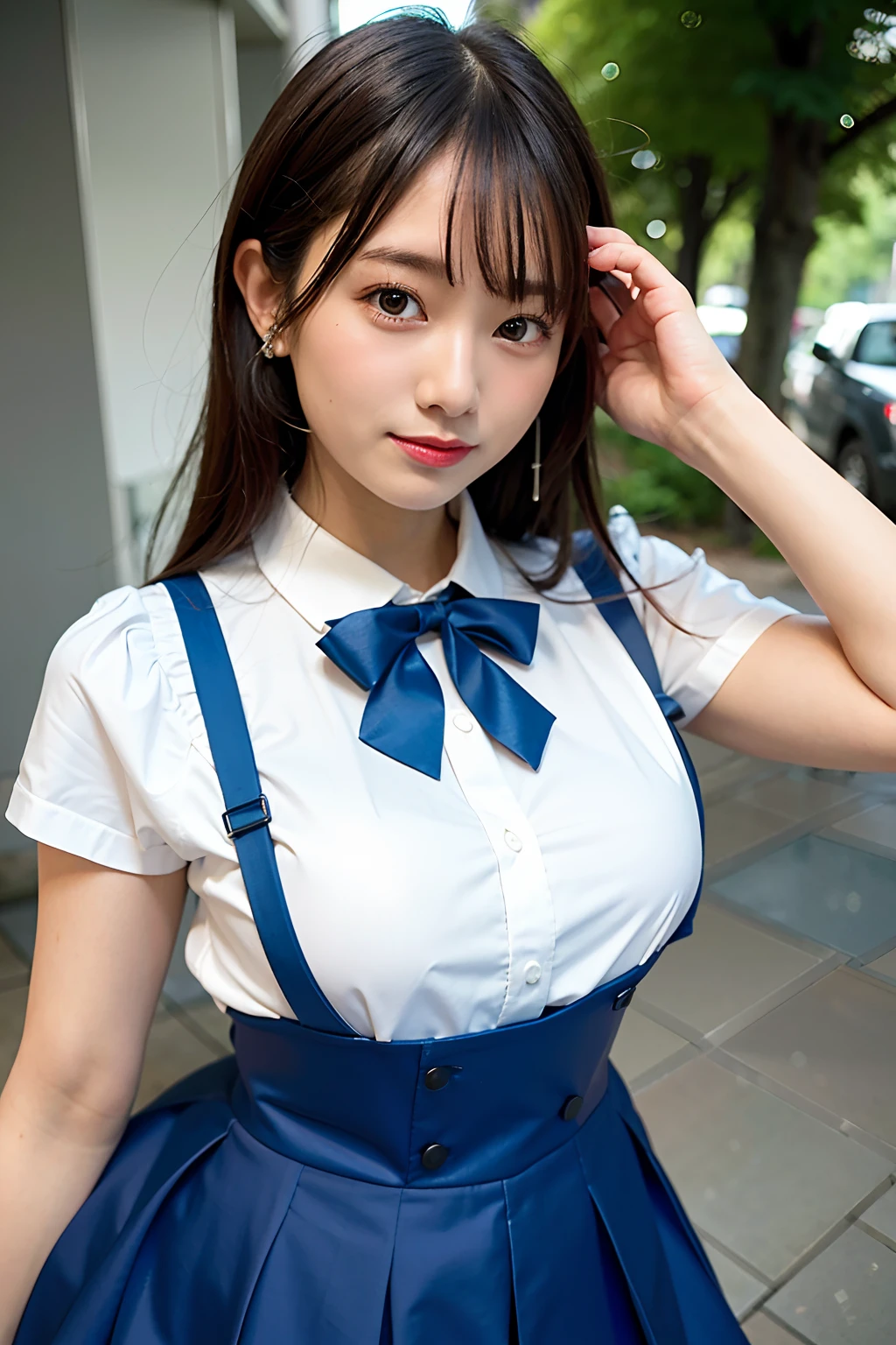 Top Quality, Ultra High Definition, (Photorealistic: 1.4), 1 girl, white blouse, blue skirt, bow tie, (faded ash-gray hair: 1), (Normal breasts: 1), Watch viewer, Cafe