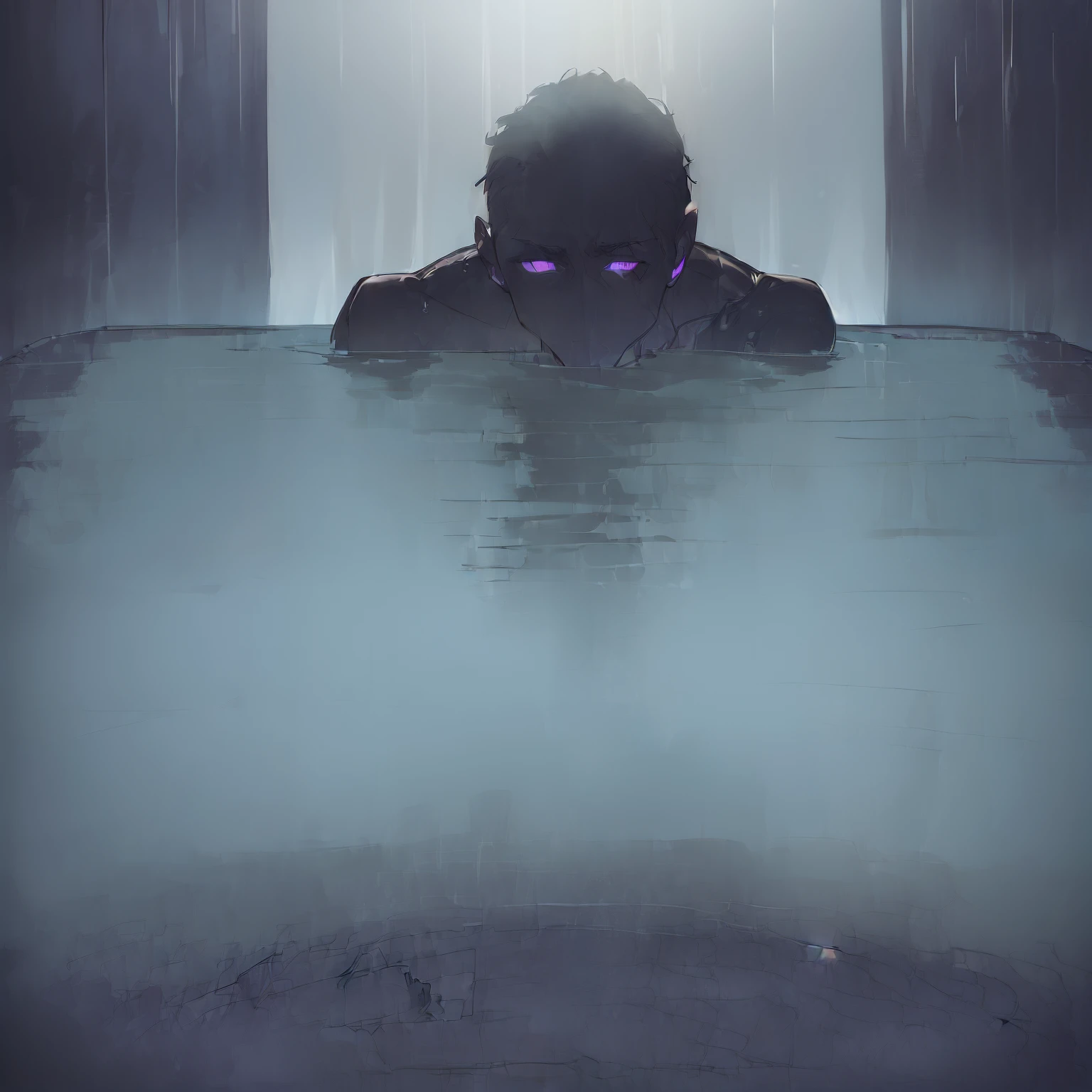 ((eerie dark silhouette of a man submerged in a softly illuminated bathtub:1.5),(subtle ambient lighting:0.8)), dark ambient, creating a chilling and enigmatic ambiance.