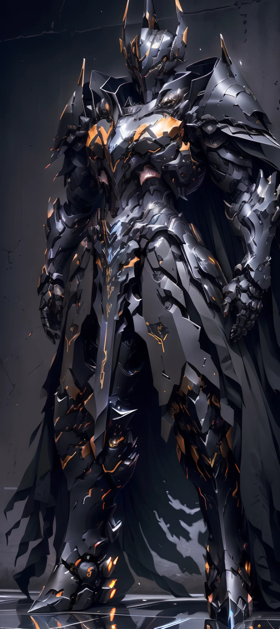 arafed knight in armor standing in a dark room with a sword, black fire color reflected armor, cyberpunk flame suit, berserk skullknight black armor, heavy metal armor, cybernetic flame armor, black heavy armor, corrupted armor, cybernetic fire armor, full body x-force outfit, heavy black obsidian armor, spiked scrap metal armor