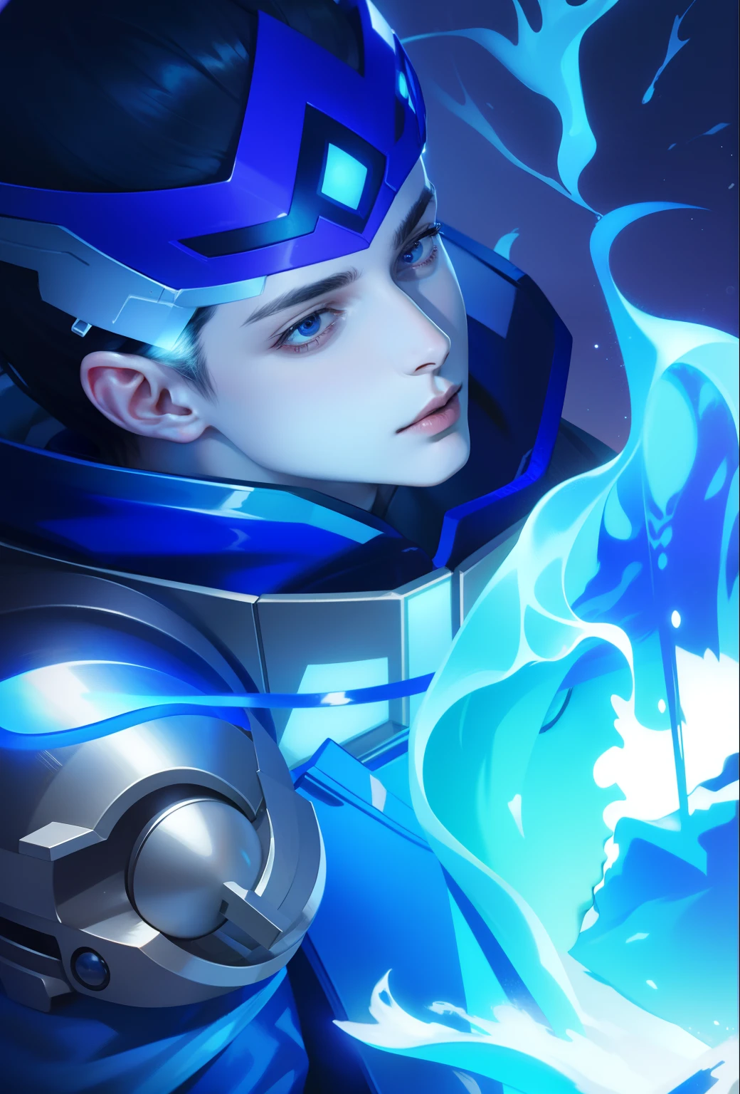 Attractive profile picture, masterpiece, ultra-precise rendering, beautiful and cool young man, trustworthy, dependable young man, simple design, most beautiful image, 4K, blue fire.