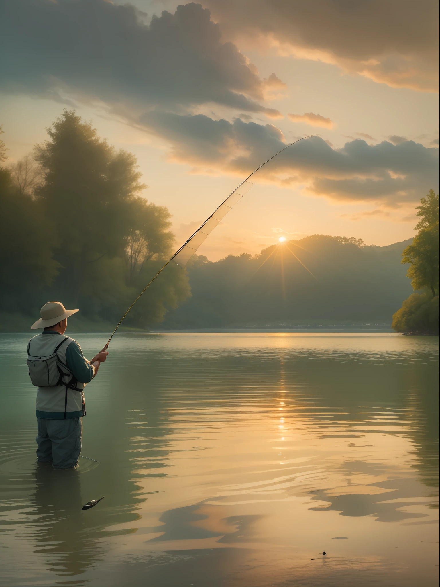 A skilled fisherman patiently casting his line, surrounded by serene nature, capturing the essence of the peaceful art of fishing.