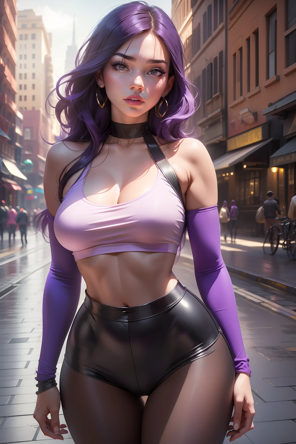 (MiJungdef), bbyorf, (Masterpiece:1.2), (Best Quality), (perfect face), perfect skin, (detailed body:1.3), (detailed face:1.2), (rendered eyes:1.3), 80's_jiaopian, 1girl, giant breasts, ((realistic)), (purple eyes), ((purple hair)), (medium hair), ((photorealistic)), ((high-res, masterpiece, best quality, cinema lighting)), cowboy shot, close-up, long lair, looking at viewer, standing, upper body, outdoors, cityscape, buildings, streets,