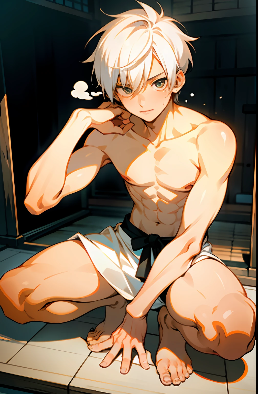 masterpiece, best quality, high quality,  1boy,, , duo, male focus, full body, looking at viewer, white hair,spiky hairstyle, short hair, steam smork, japan style,  anime coloring, shy, home muji style, detailed face, topless, white towel on waist,white silk, outdoor, sweat, open legs