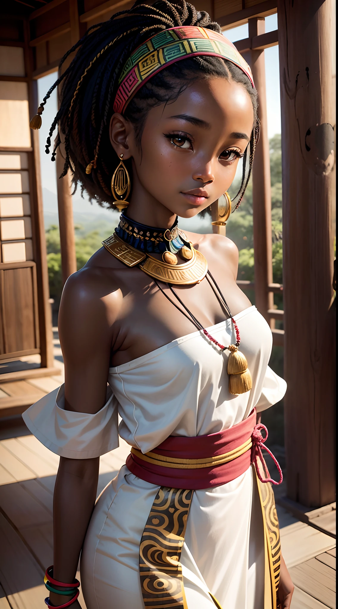 (masterpiece, best quality), African deep ebony 28 year old woman, beautiful face, Kimberly_jackson, chunli hairstyle and hair accessories, confused, upper body, topless