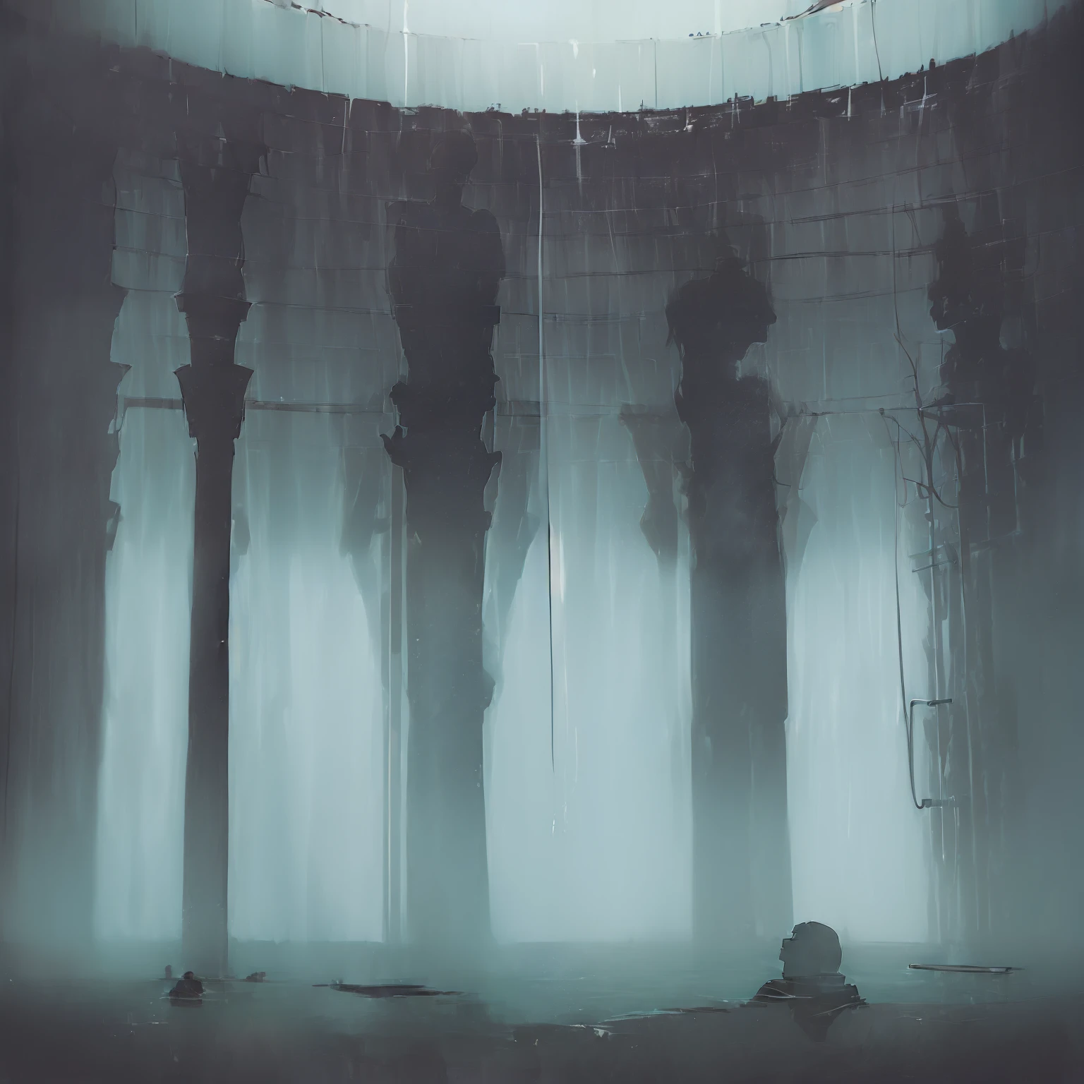 ((eerie dark silhouette of a man submerged in a softly illuminated bathtub:1.5),(subtle ambient lighting:0.8)), dark ambient, creating a chilling and enigmatic ambiance.