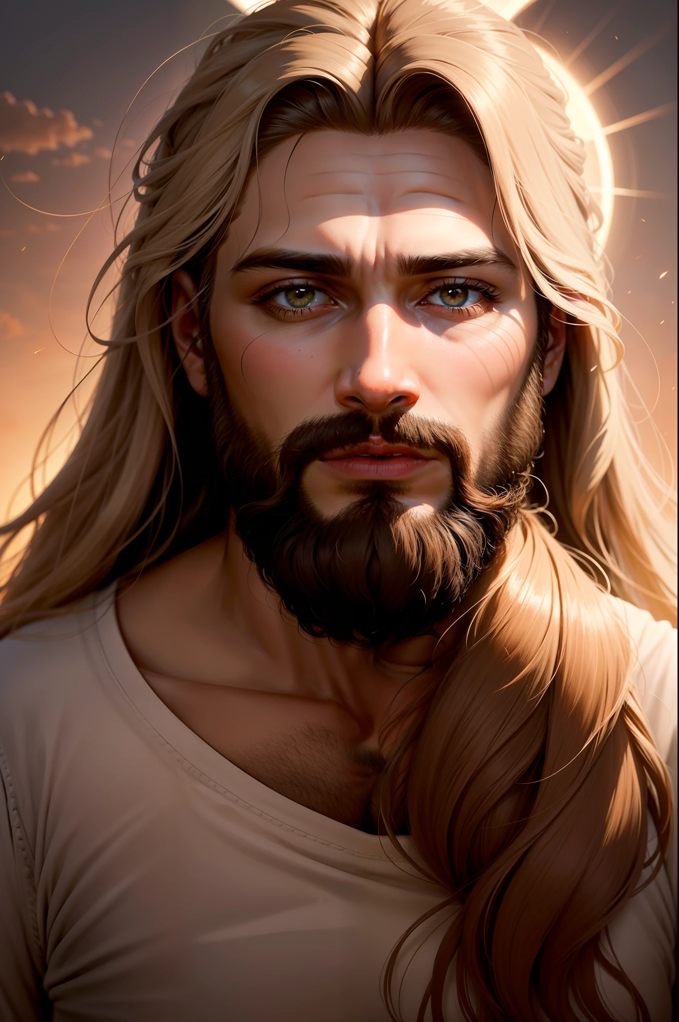 Create an ultra-realistic image of Jesus' face with a lush beard and long, gently flowing hair. Enmarca su mirada serena y compasiva mientras los rayos dorados del sol crean un halo de luz que realza su divinidad.