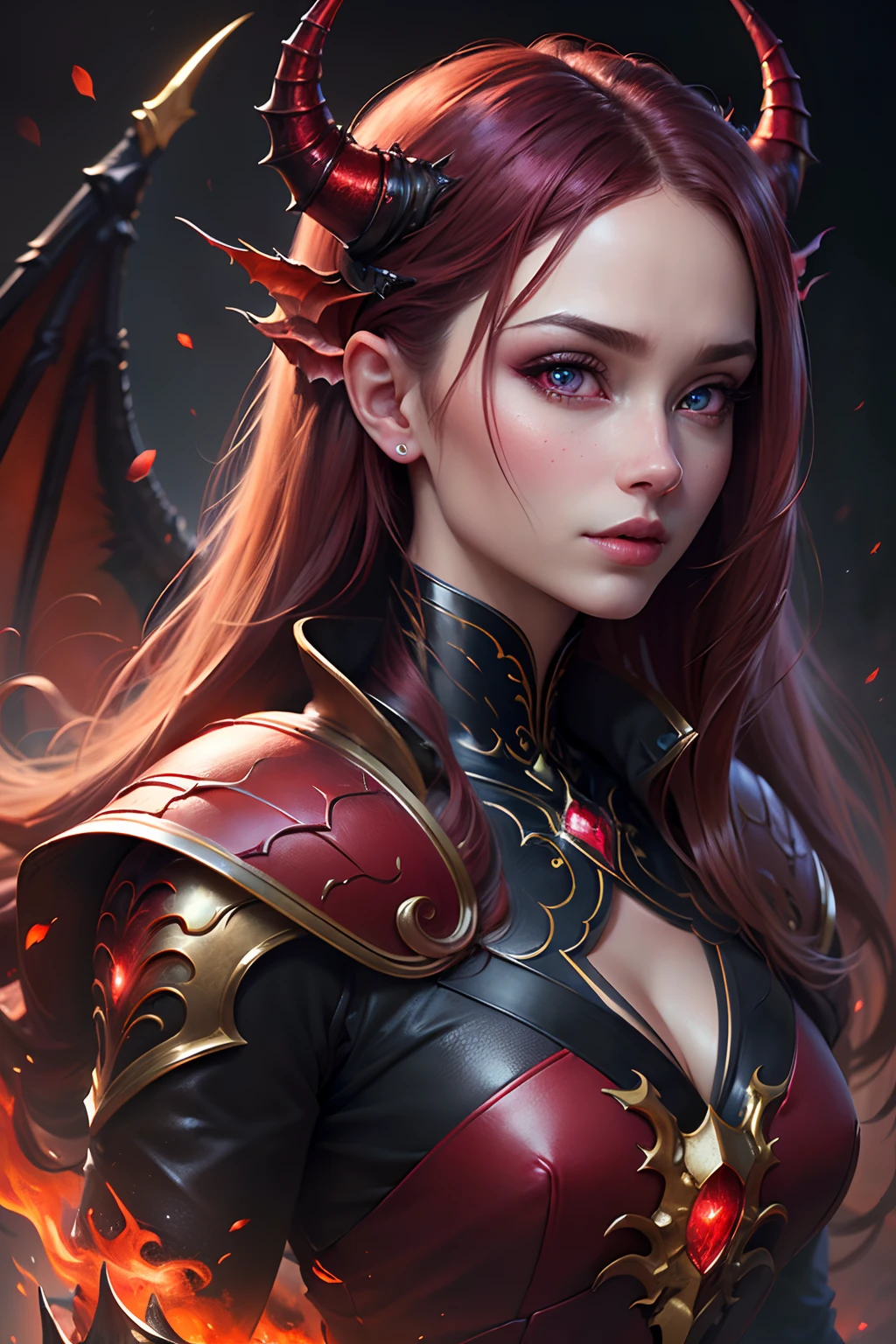 Very Beautiful princesse glowing eyes red dragon behind hyper realistic super detailed portrait