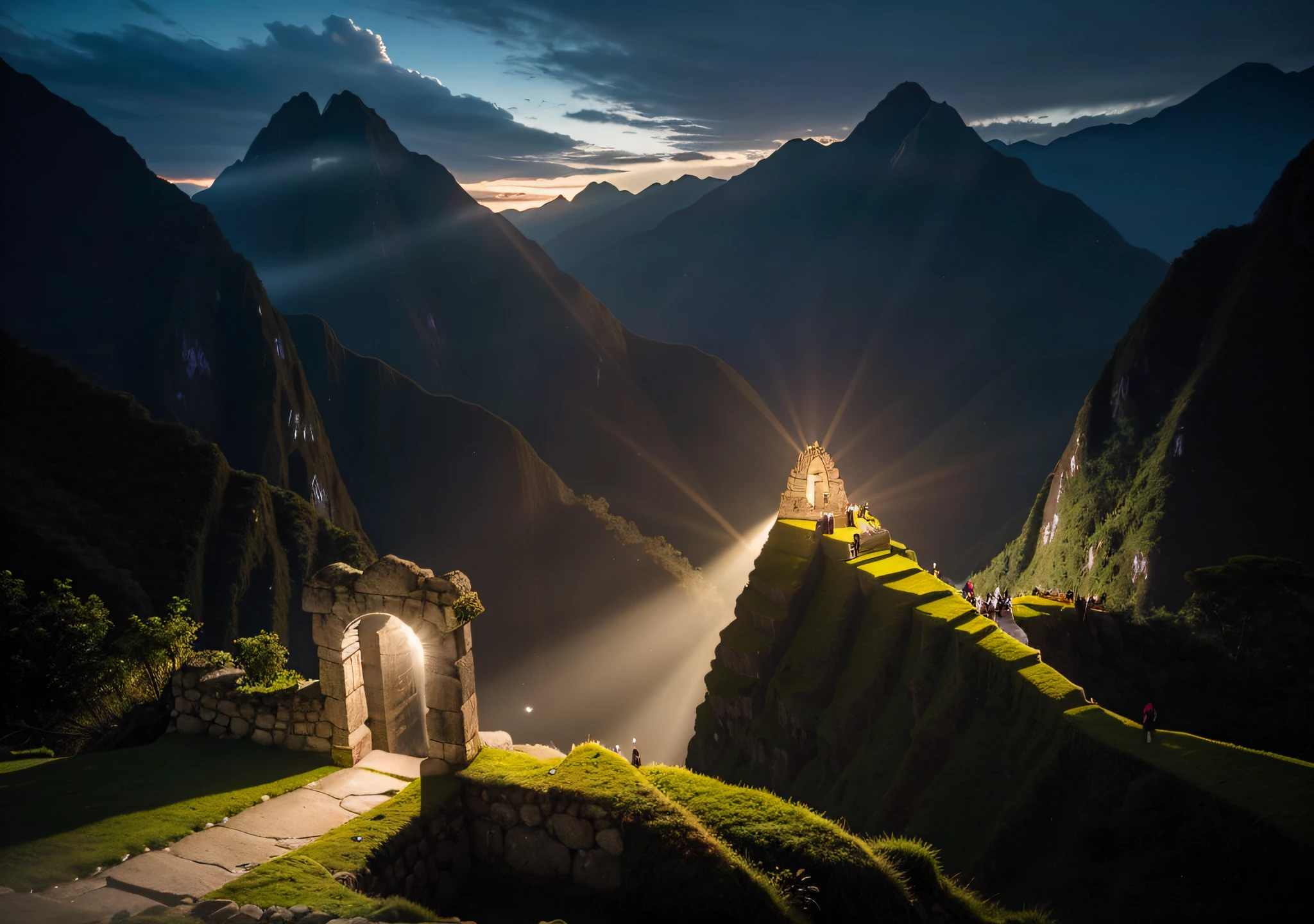 mountains with a ray of sunshine and a path leading to a building, Amazing light, Mystical setting, Peru, Foto vencedora do concurso Unsplash, Machu Picchu, Directed by: Sebastian Spreng, Mystical Light, Directed by: Daniel Seghers, Halo radiante de luz, luz celestial, epic and stunning, Luz majestosa, Directed by: Matthias Weischer, Directed by: Alexander Robertson, Luz de cima