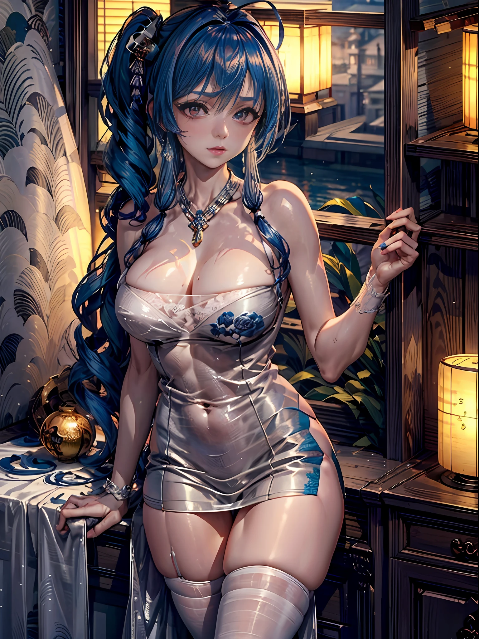 (Enrich the picture,Masterpiece level quality)Beautiful 8K CG artwork,Goddess-like posture,sittinng on the river,Postural exercises,Slim and soft,Translucent skin,Blue hair、The beauty of extra-long hair, Super Long Straight Hair,The skin is fair and juicy,Big breasts lingerie miniskirt uniform,Perspective Part 1.2x enhanced silhouette effect,Exquisite transparent blues pattern in pajamas,The details are intricate and exquisite,The background is slightly blurred,Charming and lustful leg seduction,Drool,K cup big breasts,Blush,Japan goddess,Perfect body slim curves,Scene by the sea,