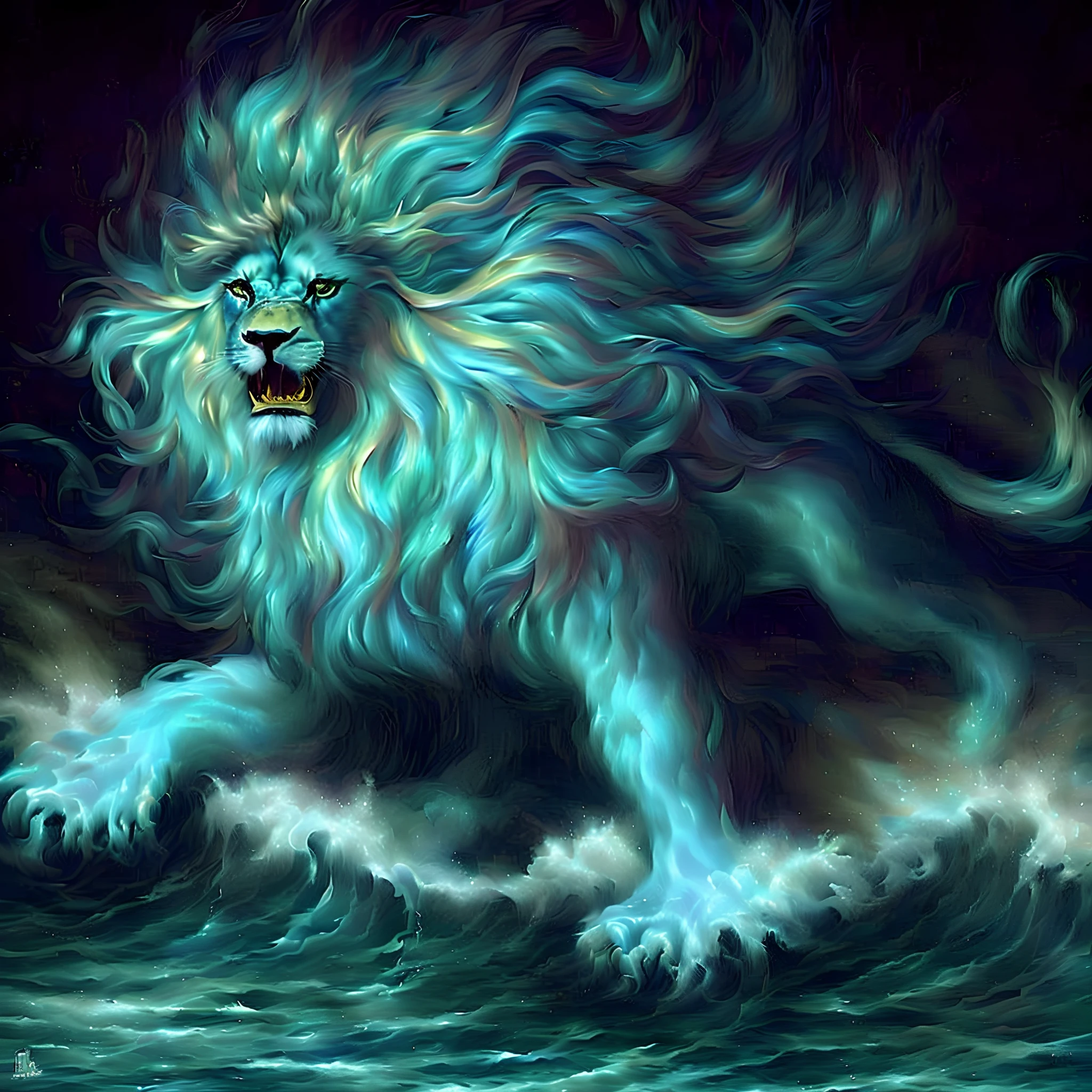 A painting of a lion with a blue mane is in the water, Roaring Blue Lion. majestoso, Rei do Mar, O Deus do Mar, water elemental, mytical creature, iridescence water elemental, Deus do Oceano, Directed by: Howard Lyon, luminous water elemental, Poseidon, O Deus Poseidon, Como um atlante, 16k, HD, Masterpiece