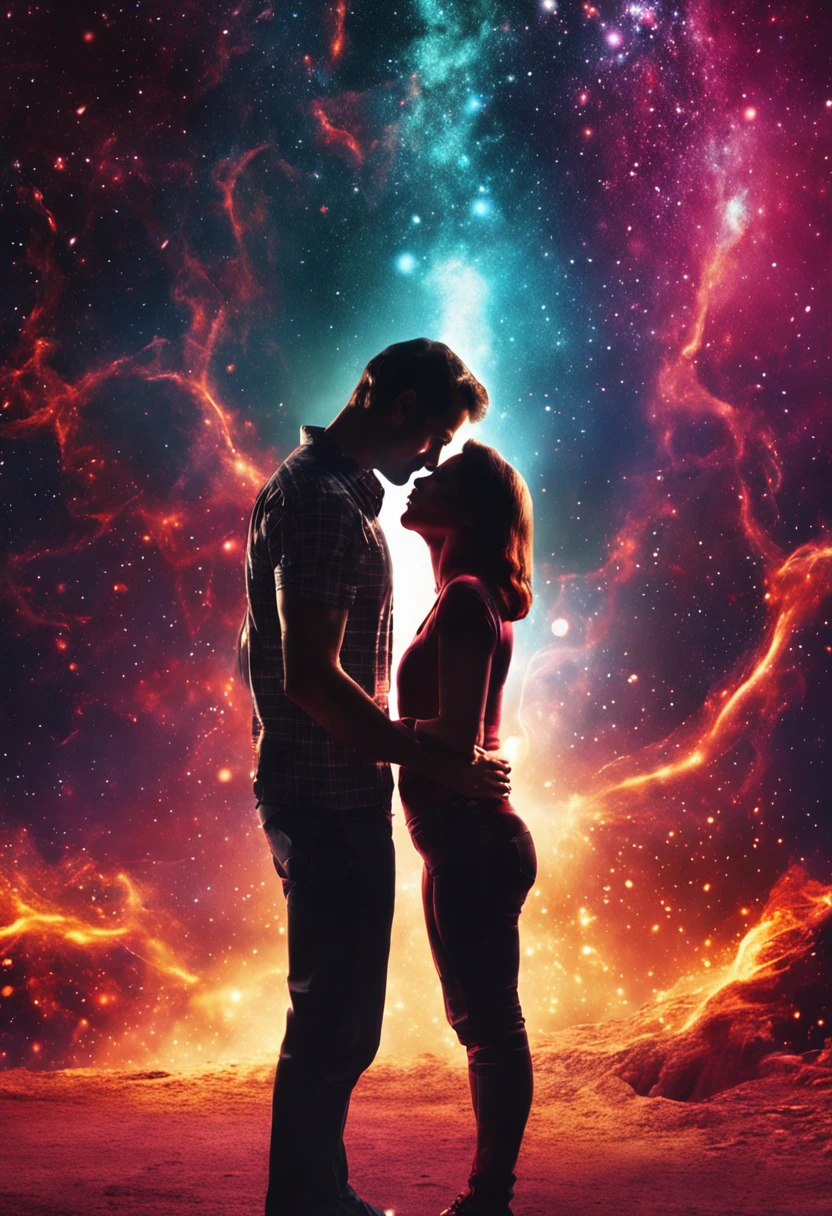 side view of two a man and woman kissing in a glowing galaxy fire by al3xxl