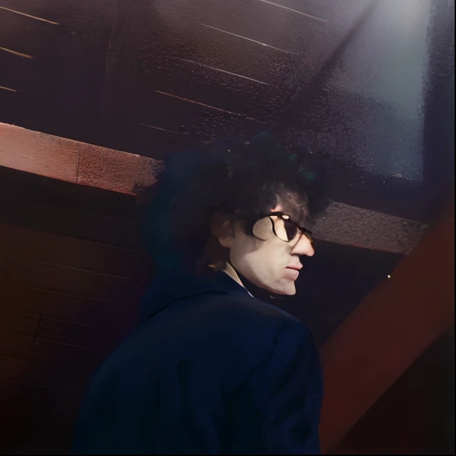 Image of a man with a black jacket and glasses, Still colored film 1 9 7 7, filme retrato em close-up ainda, granulado de baixa qualidade, Tiro de perto Shinji Aramaki, no estilo de kar wai wong, inspirado por Nan Goldin, com afro, inspirado em Yukihiko Yasuda, Retrato preciso de um Bob Dylan, Foto de perfil