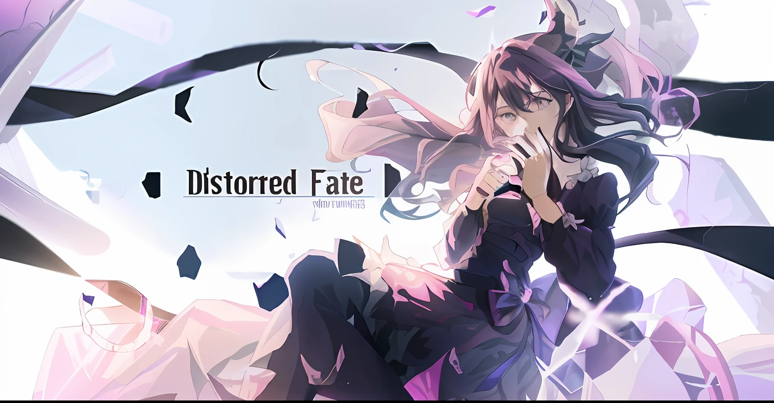 Anime girl sitting on pink and purple background with long hair and black dress, contortion, desolated, dissipate!!, Destroyed, Detailed cover artwork, anime style like fate/stay night, twisted turn of fate abstraction, Devastated, nightcore, disfigured, desaturated, ((Supersaturation)), desaturated!!, demon slayer artstyle
