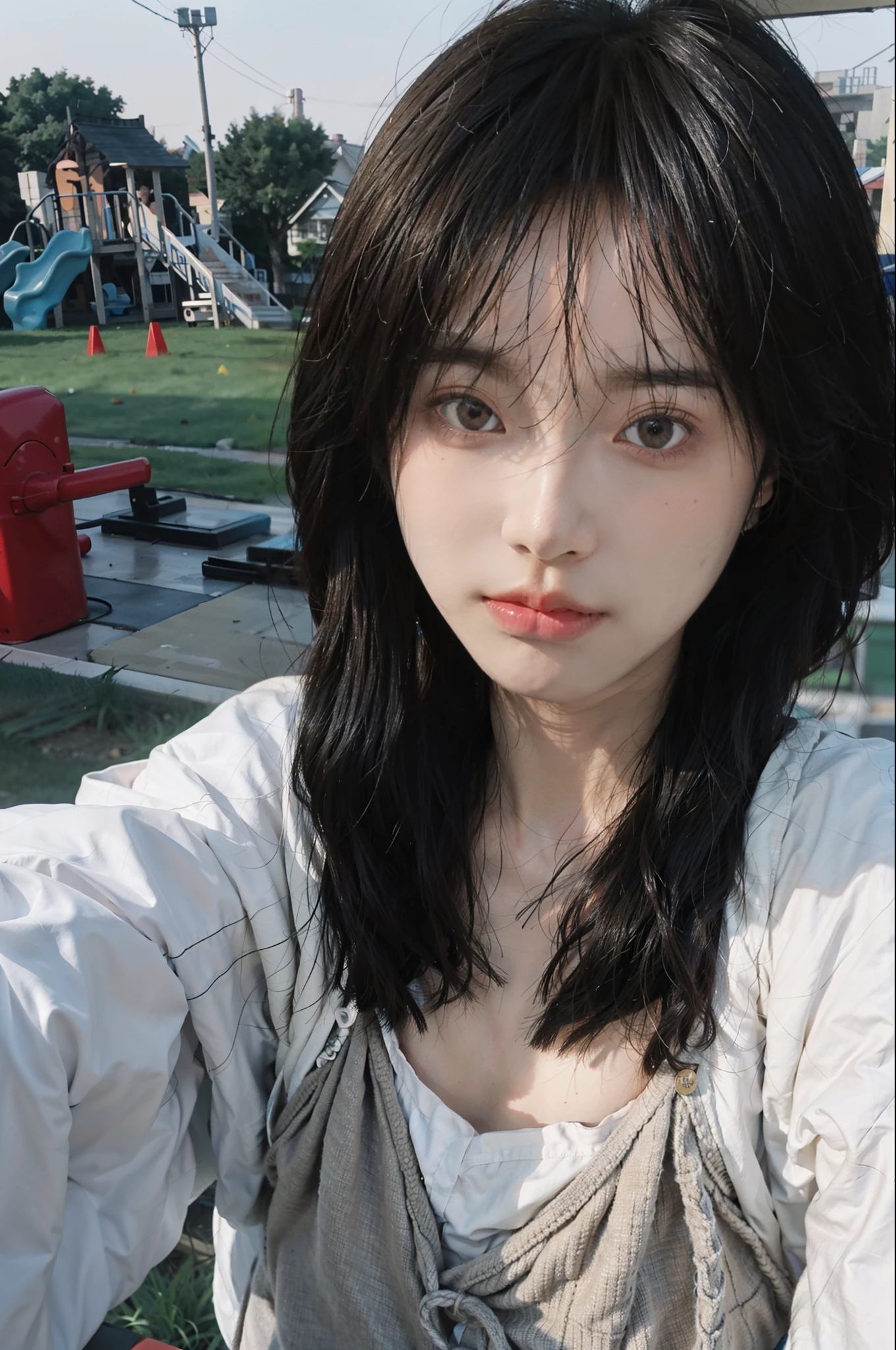 8K,best qualtiy,tmasterpiece,超高分辨率,(真实感:1.4),RAW photogr,(True skin texture:1.3),(filmgrain:1.9),(Selfie angle),1个Giant Breast Girl,Beautiful eye and face details,tmasterpiece,Best quality at best,closeup cleavage,Children's wear,In the playground