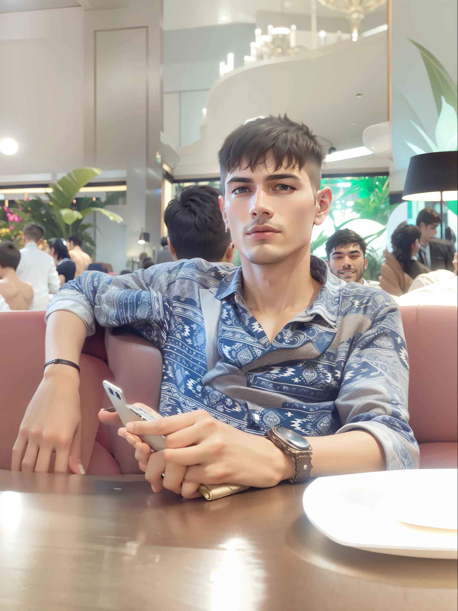Luxury hotel blur background and luxury sofas iPhone in hand and formal suit