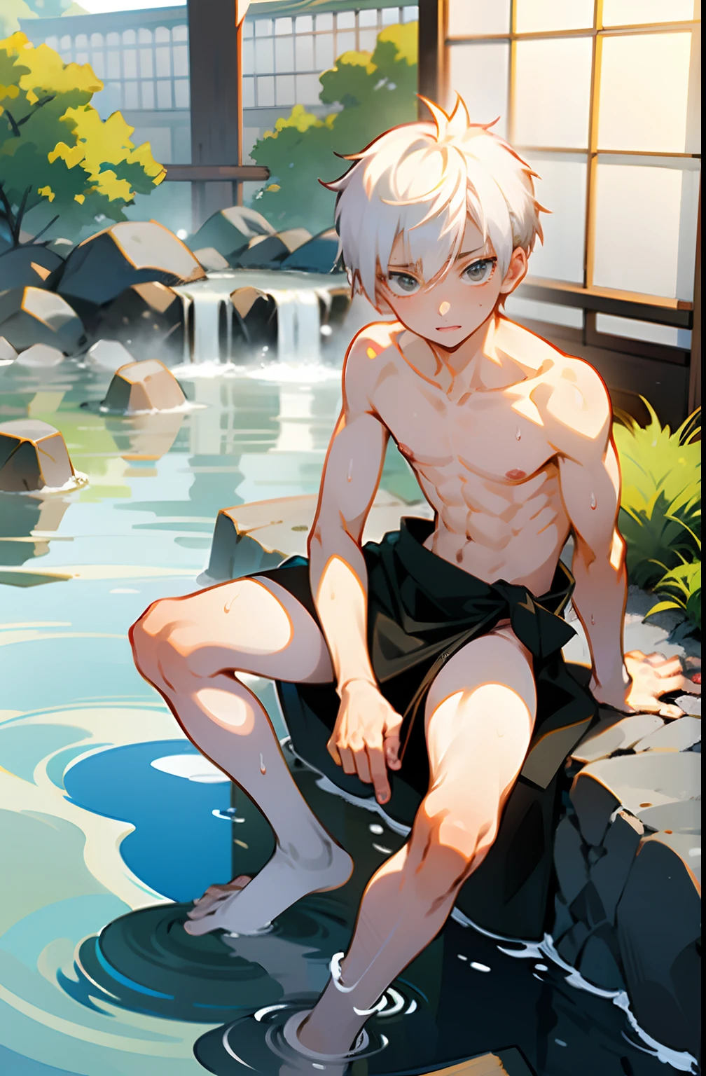 masterpiece, best quality, high quality,  1boy,, , duo, male focus, full body, looking at viewer, white hair,spiky hairstyle, short hair, steam smork, japan style,  anime coloring, shy, home muji style, detailed face, topless, white towel on waist,white silk, outdoor, sweat, open legs