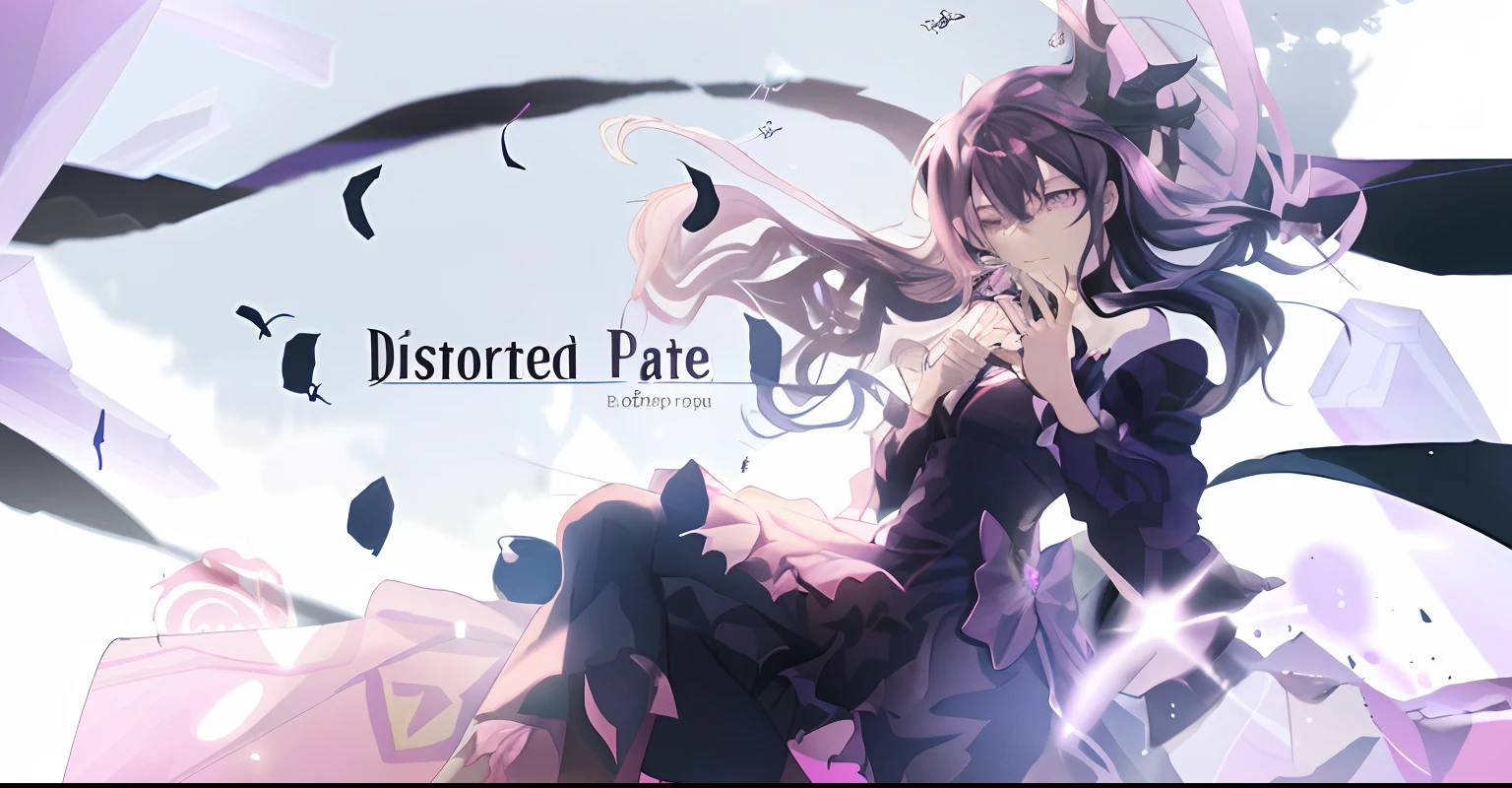 Anime girl sitting on pink and purple background with long hair and black dress, contortion, desolated, dissipate!!, Destroyed, Detailed cover artwork, anime style like fate/stay night, twisted turn of fate abstraction, Devastated, nightcore, disfigured, desaturated, ((Supersaturation)), desaturated!!, demon slayer artstyle