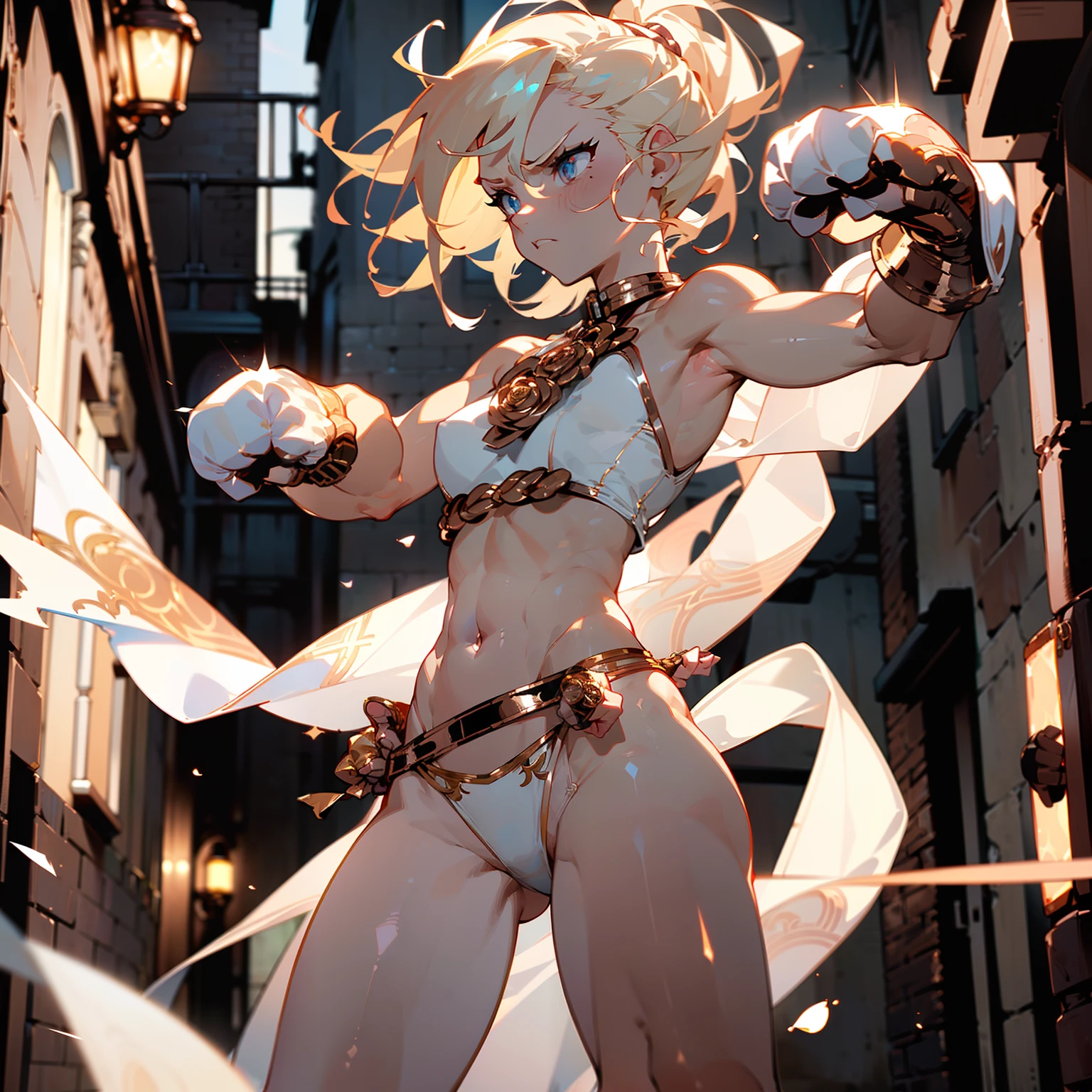 In an alleyway, skinny girl, pale skin, short messy blonde hair, white sports bra with rose gold trim, (tiny white thong with rose gold trim:1.3), white stockings, white cape with rose gold trim, white boots, standing ready to fight, furious look on face, (fists clenched:1.5) , radiating energy,