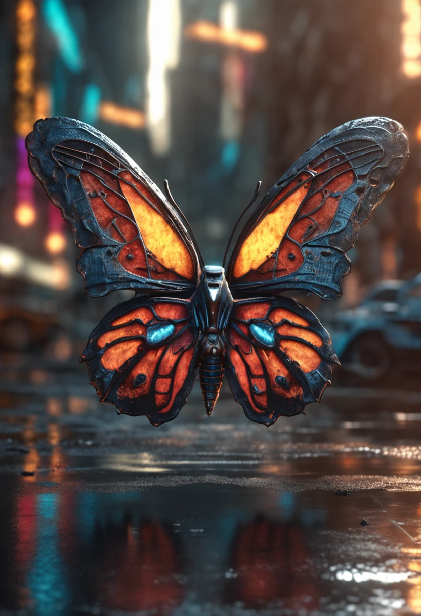 (masterpiece), (best quality), (HDR), 8k resolution, extremely detailed hyper-realistic mechanical butterfly, flying very fast with lightning streak behind, cinematic view