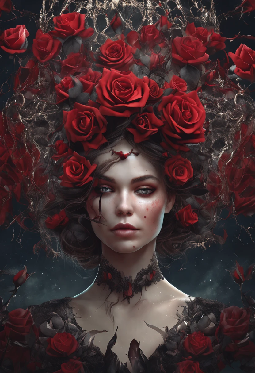 highly detailed mystic, enigmatic, strange portrait with galaxy, black roses, red roses, white roses, thorns, in the style of Brooke Shaden, intricate, extremely detailed, digital painting, artstation, concept art, smooth, sharp focus, illustration, intimidating lighting, incredible art