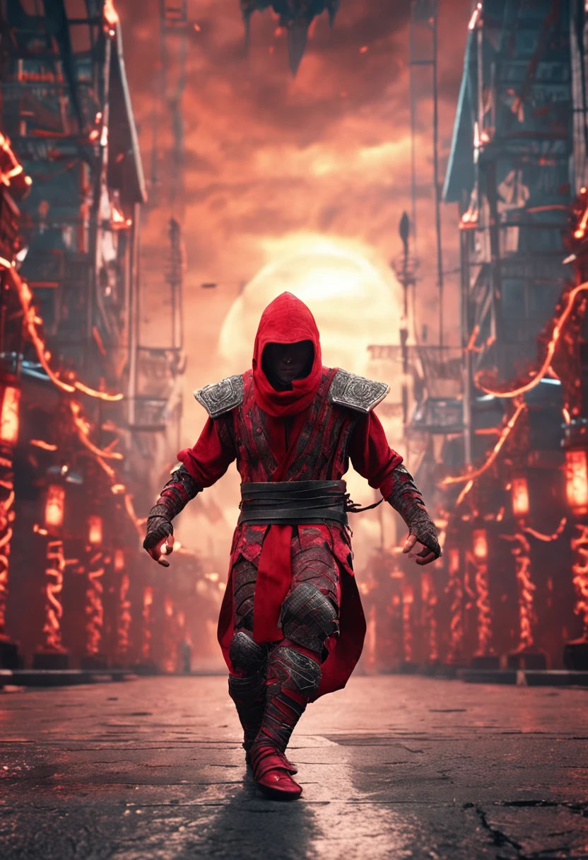 (masterpiece), (best quality), (HDR), (1boy), masculine, 8k resolution, an eternal ninja warrior with red-black armor,(fighting stance, in the middle of a jump kick:1.3), extremely detailed scales, intricate design,