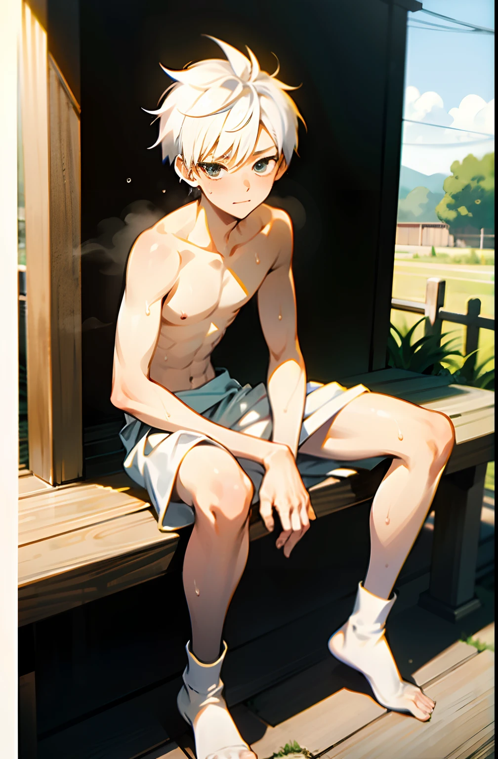 masterpiece, best quality, high quality,  1boy,10yo, , duo, male focus, full body, looking at viewer, white hair,spiky hairstyle, short hair, steam smork, japan style,  anime coloring, shy, home muji style, detailed face, topless, white towel on waist,white silk, outdoor, sweat, open legs