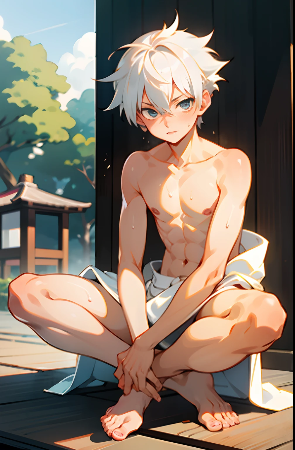 masterpiece, best quality, high quality,  1boy,****, , duo, male focus, full body, looking at viewer, white hair,spiky hairstyle, short hair, steam smork, japan style,  anime coloring, shy, home muji style, detailed face, topless, white towel on waist,white silk, outdoor, sweat, open legs