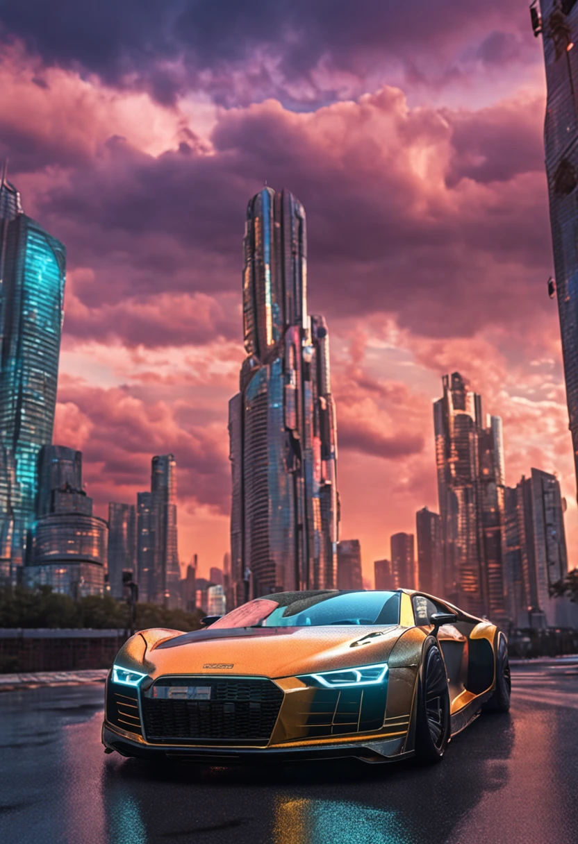 ominous looking futuristic car, wet reflective road, iridescent paint, highly detailed rims, glowing rims, view from the front, futuristic city background, golden hour, [cyberpunk night city:1.3], 8k dslr, sharp, tack sharp, intricate details, masterpiece, golden ratio, highest quality, HDR, photorealistic, insane quality, best quality, extremely detailed, highest detail, highly detailed, incredibly detailed, detailed, realistic, 8k uhd, high quality