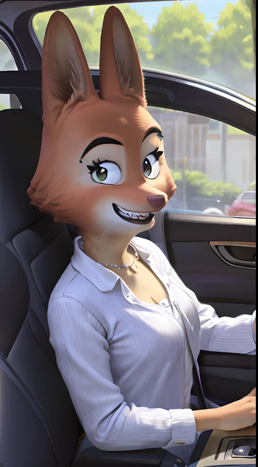 a beautiful and detailed head portrait of diane foxington in passenger seat of car,orange body, black lips, eyelashes, eyebrow piercing,smile