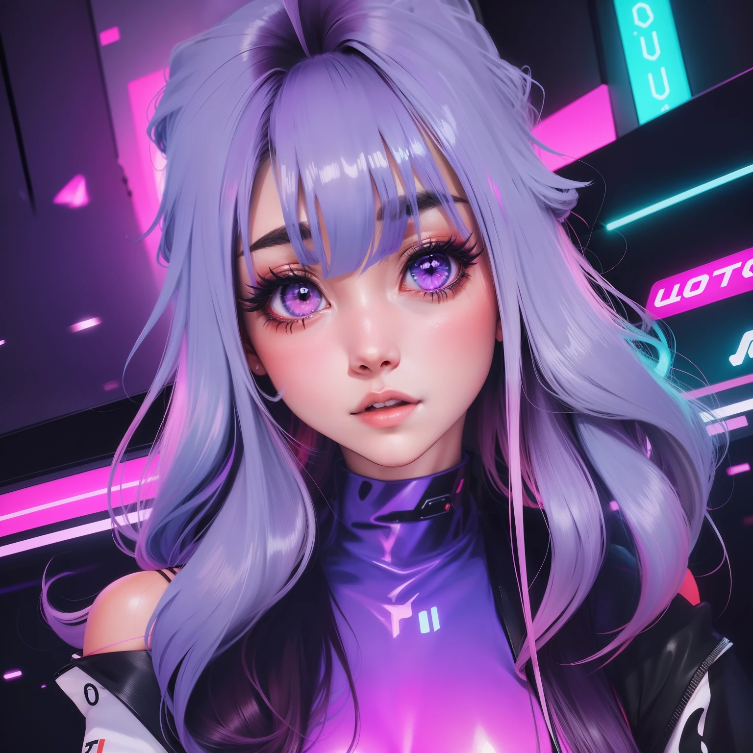 Garota fofa estilo anime, kawai, olhos neons tons roxo e rosa, segurando um pirulito redondo colorido neon roxo e rosa, cyberpunk luzes neon roxo e rosa, olhos brilhantes, cabelo curto branco platinado neon, fundo azul e rosa. Neon, kawai, linda e fofa coreana, beautiful realistic design.