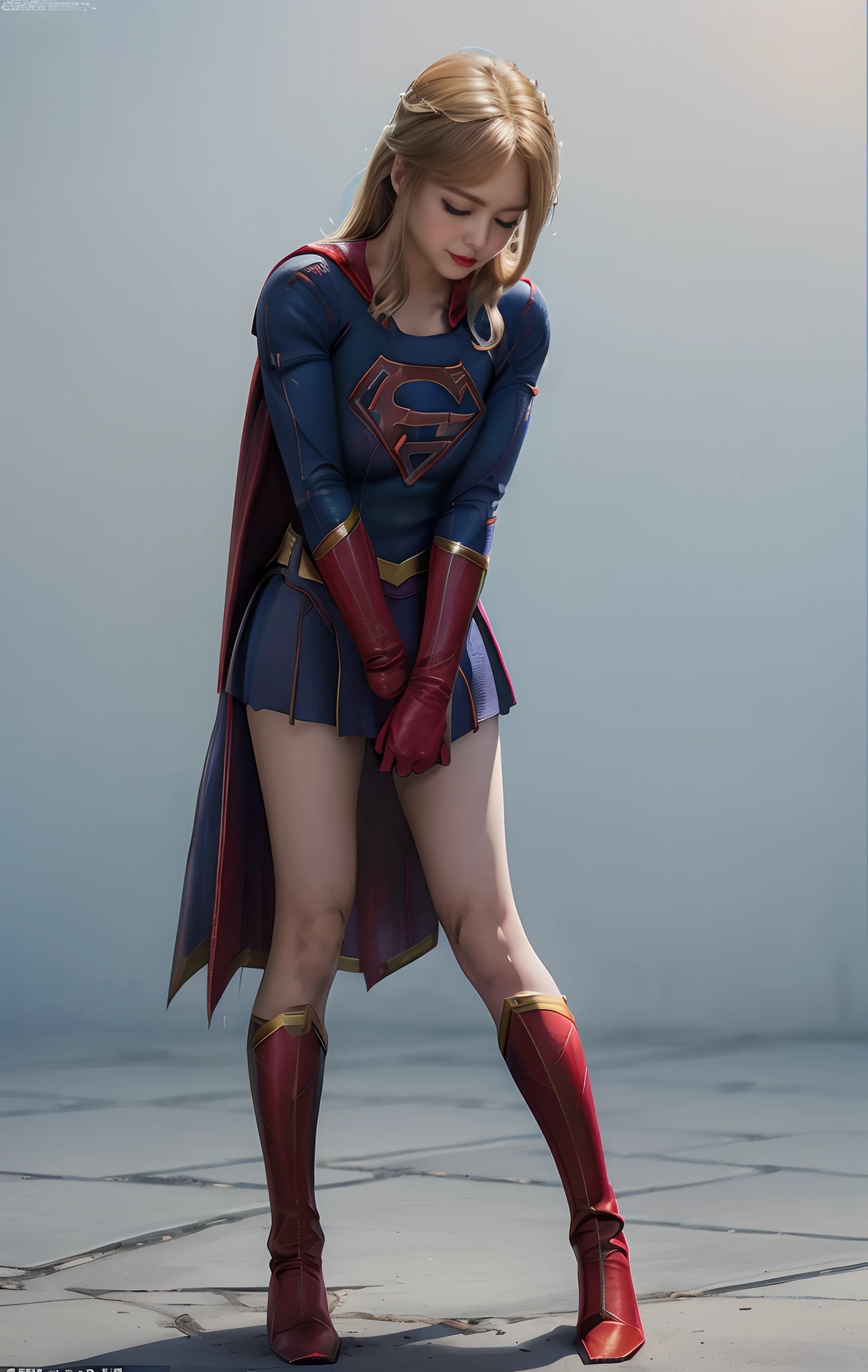(((Make the most of the original image)))、(((Supergirl Costume)))、(((Hung)))、(((Eyes closed、s asleep)))、((bras、weak legs))、(((Facing down、Depressed)))、((Get))、((Suffering))、((Doll condition))、((Suffering))、(((Wear red gloves)))