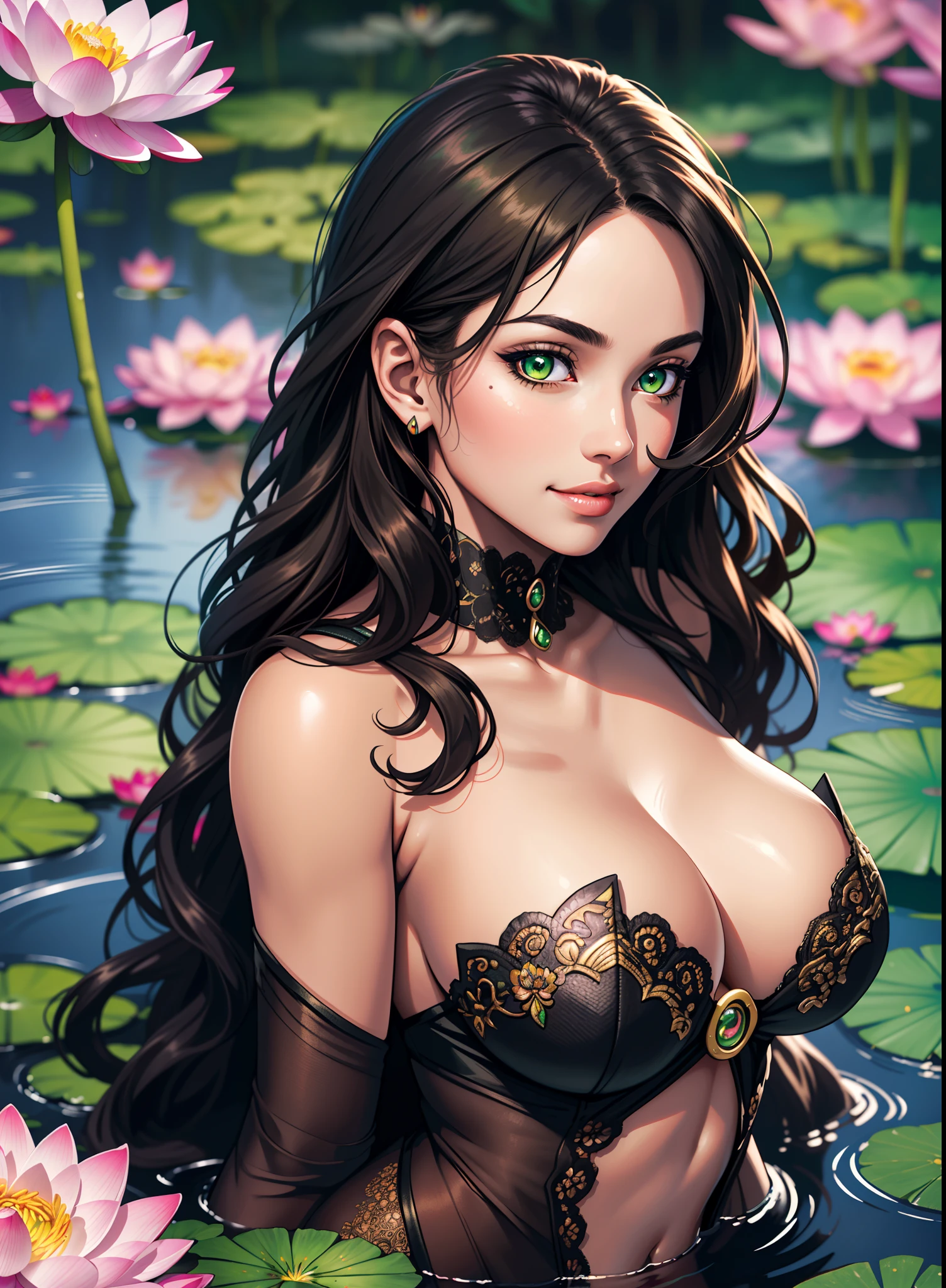 (((A young woman))), the anime, ( Green eyes), (black hair), Nice face, ssmile, the perfect body, Wavy Hair, hairlong, (((morena))), big breastes, ((tmasterpiece, beste-Qualit)), illustartion, ультра детализированная 8k, Photorealistic, sharp-focus, higly detailed, Professional lighting, colorful details, Rainbow colors, Glowing, intricate detials, Vivid details, pond, Blooming lotuses, lotus, garden, Flowers, greens