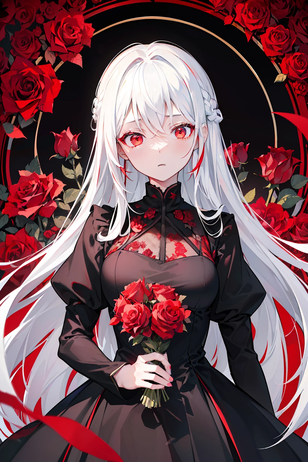 (top-quality、masterpiece)、(1girl in、独奏、Black Dress、is standing、Look at viewers、White hair、red eyes、There are roses、Keep your mouth shut、The upper part of the body)、(Red Dream Catcher in the Back、Red flowers、)、Red mesh hair、place々Red hair、length hair