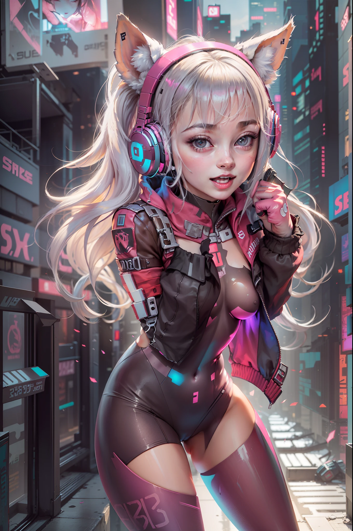(RAW photo, best quality, masterpiece:1.2), (realistic, photo-realistic:1.4),(masterpiece:1.4),(best quality:1.4), ((cyberpunk catgirl)) solo, :d, (headphones), arms up, bangs, blush, bodysuit, breasts, dynamic pose, clothes writing, cowboy shot, cropped jacket, gloves, (((cyberpunk city streets background))), hair intakes, headphones, tech bodysuit, impossible clothes, tech jacket, large breasts, long hair, long sleeves, looking at viewer, open mouth, pink bodysuit, pink eyes, red jacket, shrug \(clothing\), sidelocks, skin tight, smile, (((thigh gap))), thighs, twintails, very long hair, white gloves, white hair,alice \(nikke\),(shiny skin),realistic.