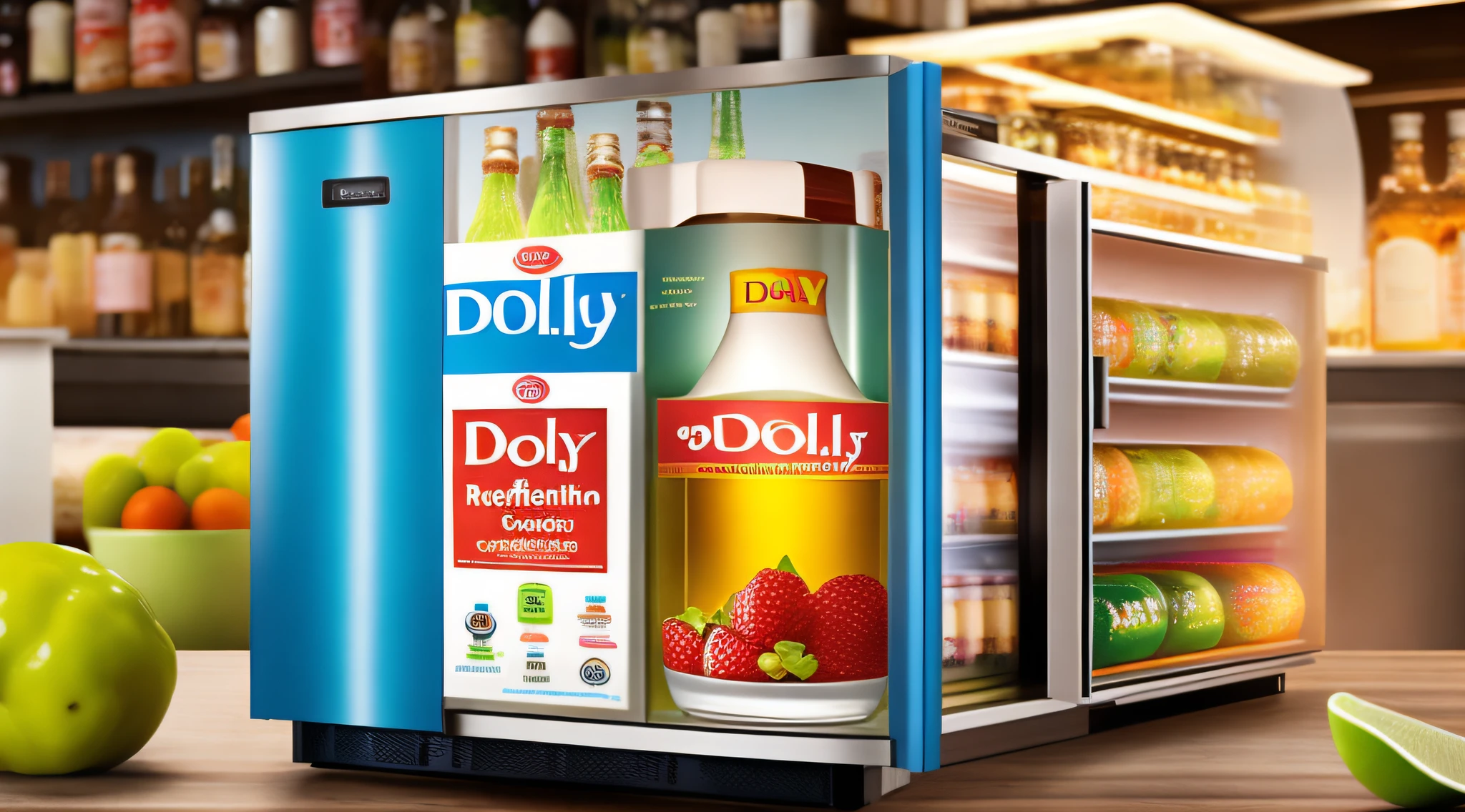 capa de revista, Modern television advertising, geladeira, mercado, ((garrafa de refrigerante na geladeira)), (((DOLLY))), top lighting, realista
