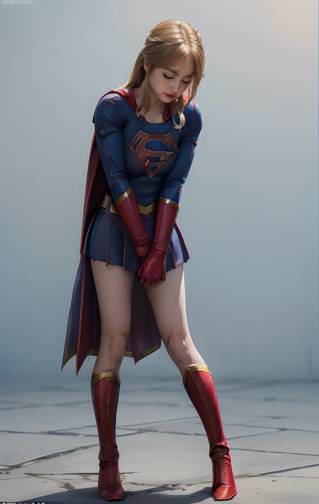 (((Make the most of the original image)))、(((Supergirl Costume)))、(((Hung)))、(((Eyes closed、s asleep)))、((bras、weak legs))、(((Facing down、Depressed)))、((Get))、((Suffering))、((Doll condition))、((Suffering))、(((Wear red gloves)))