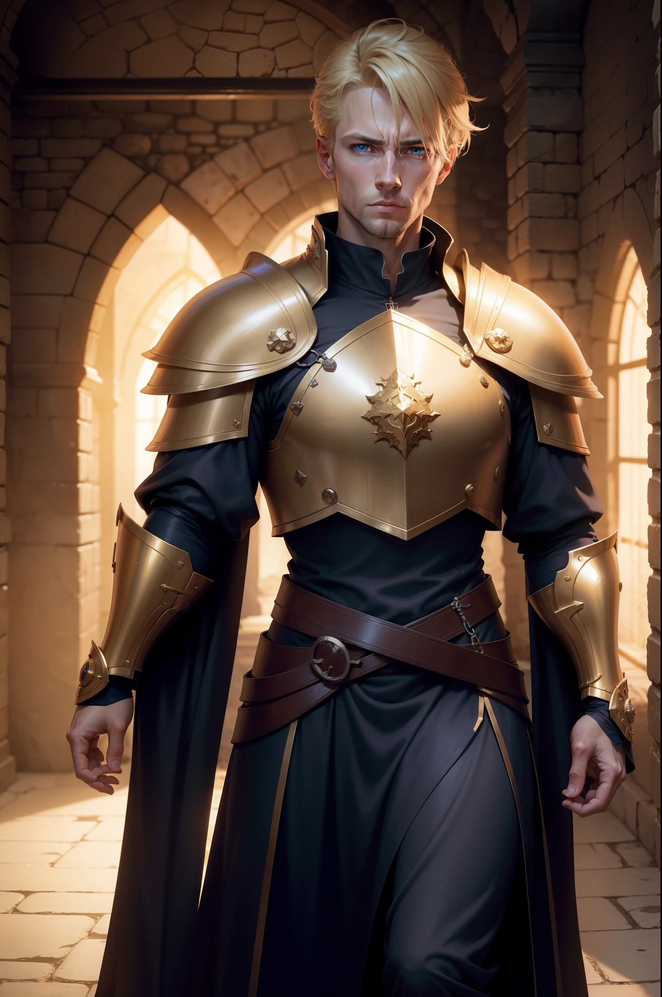 realistic 8k image of a blond man, 35 years old, blue eyes, short hair, strong, expression of disdain, dressed in dark cleric robes and golden shoulder pads, standing in a large underground dungeon, anime-style artwork