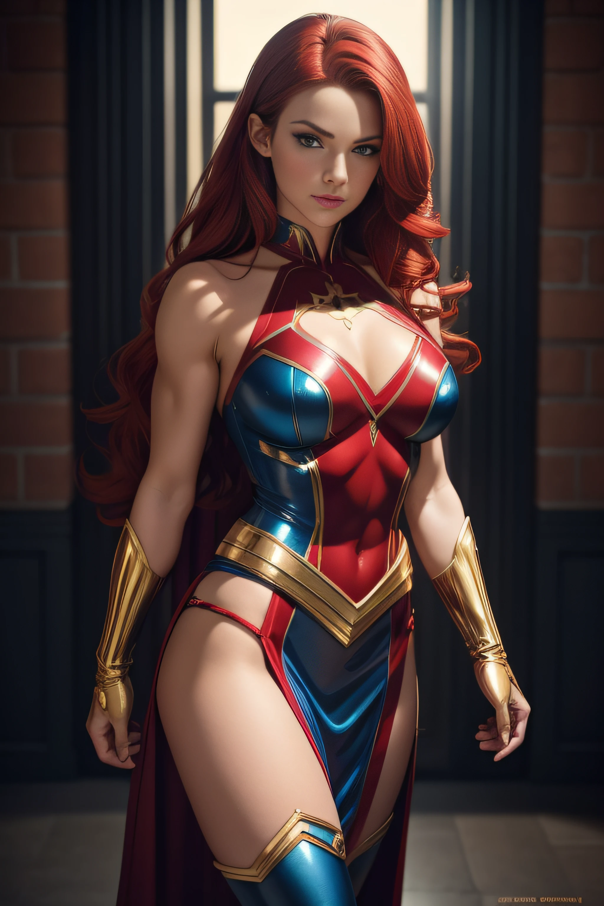 a beautiful female superhero. red hair green eyes wears a red and blue dress which shows her legs in the front but is longer in the back with a small A symbol above her waist. wears golden high heel boots. wears blue gloves that go to her elbows portrait photography by artgerm, in the style of realism, glistening skin, cartooncore, mangacore, natural lighting, Defined full lips. Muscular fitness feminine body
