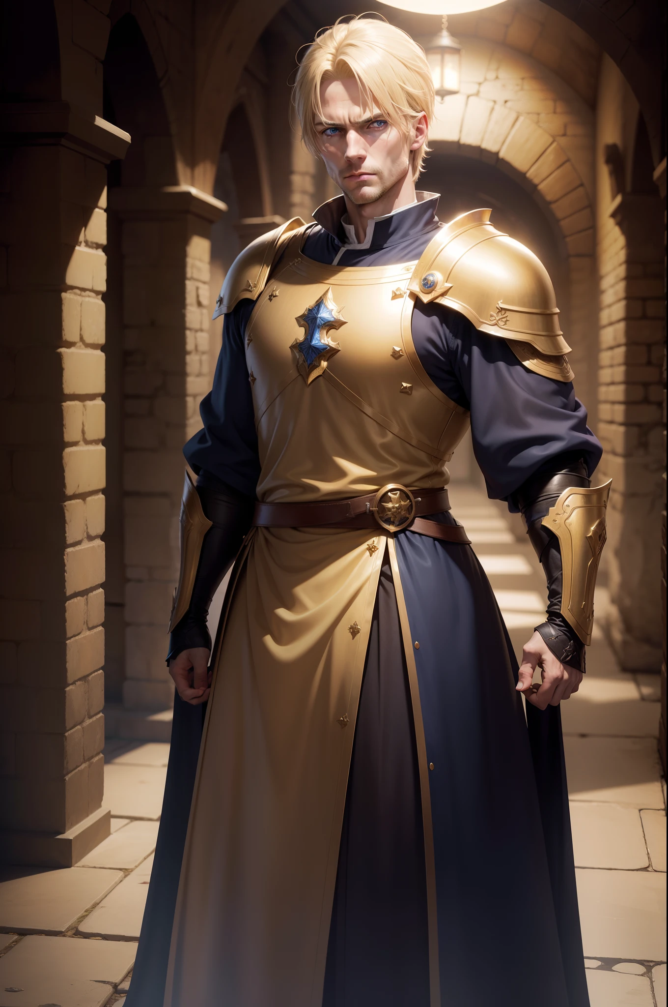 realistic 8k image of a blond man, 35 years old, blue eyes, short hair, strong, expression of disdain, dressed in dark cleric robes and golden shoulder pads, standing in a large underground dungeon, anime-style artwork