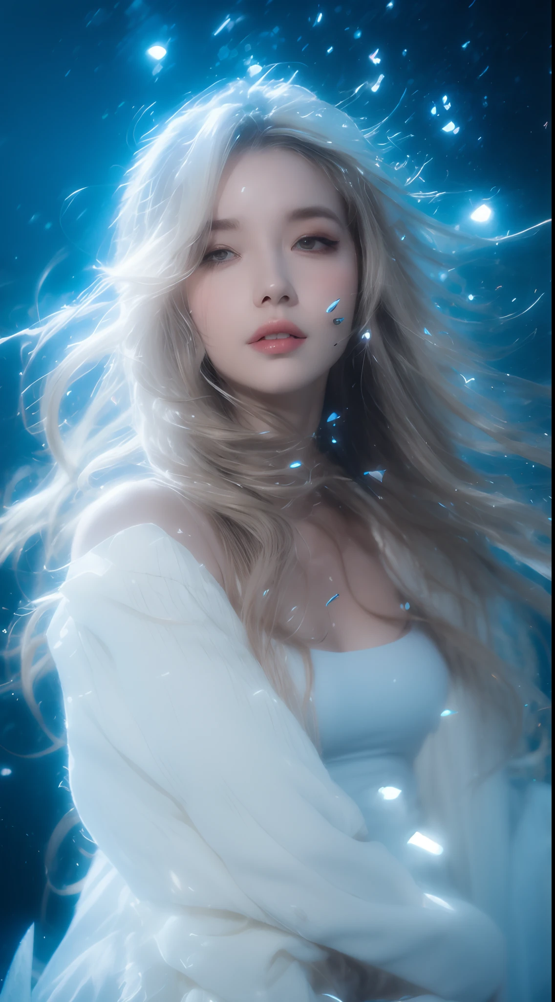 gradient hair, asymmetrical hair, floating hair, low-tied long hair, bow hairband, dilated pupils, upturned eyes, longeyelashes, sleepy, silver hair, Surrealism, cinematic lighting, reflection light, partially underwater shot, UHD, textured skin, highres, 1080P, highres, 16k