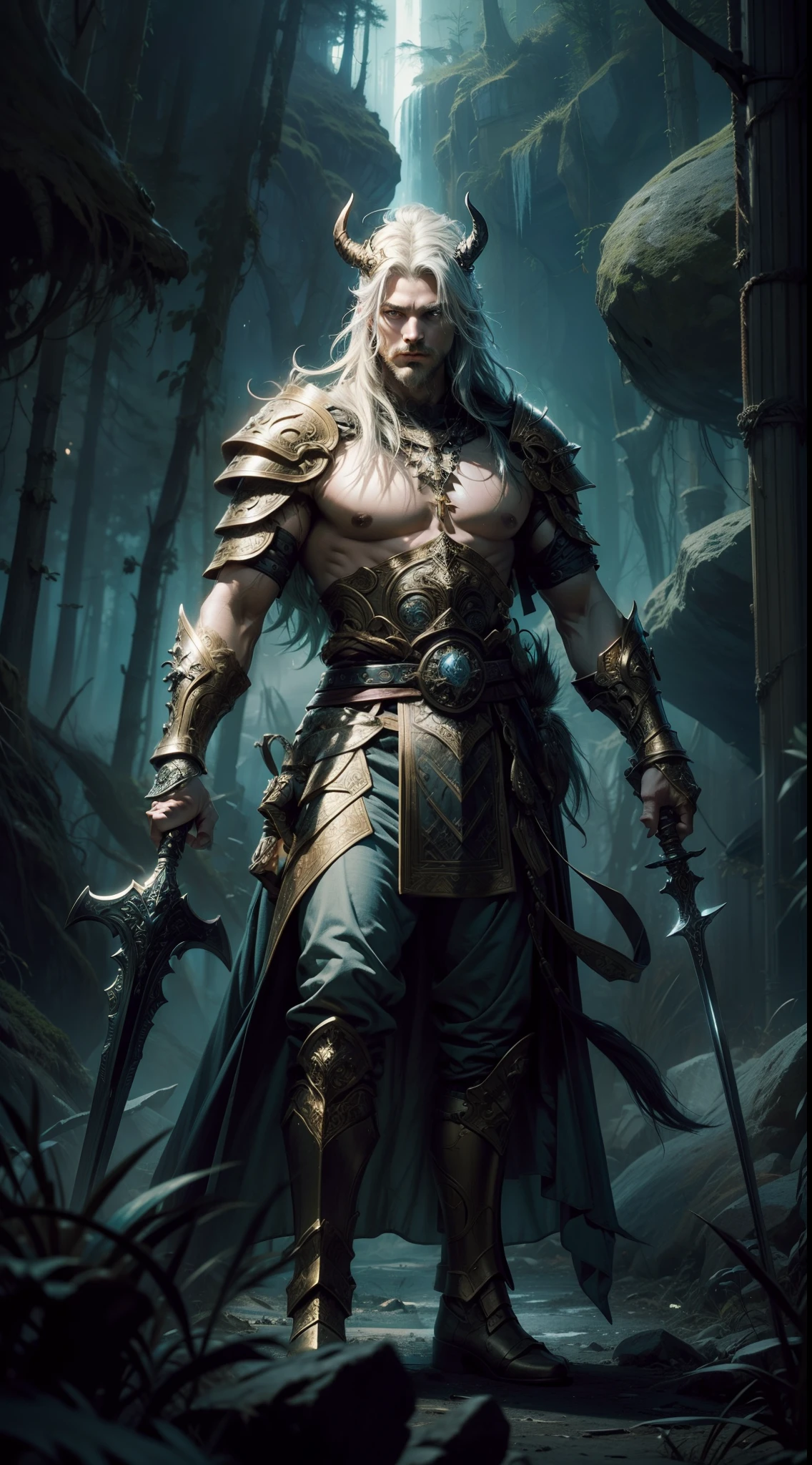 Craft an artistic rendition of a mighty Viking warrior in a mythical, dreamlike setting. The warrior, adorned in ornate golden armor with a horned helmet, stands amidst a swirling mist, his golden sword raised high above. The sword's blade shimmers with a magical aura, emanating an otherworldly light that contrasts against the warrior's rugged demeanor. The environment exudes a surreal blend of abstract expressionism and cosmic wonder, drawing inspiration from the works of Salvador Dali. Create an ethereal ambiance with soft, diffused lighting and pastel hues, using a wide-angle lens to encompass both the warrior and the mystical surroundings. This composition should evoke a sense of mystery and awe, as if capturing a moment frozen in time between realms, (((masterpiece))), highly detailed CG, (cinematic)
