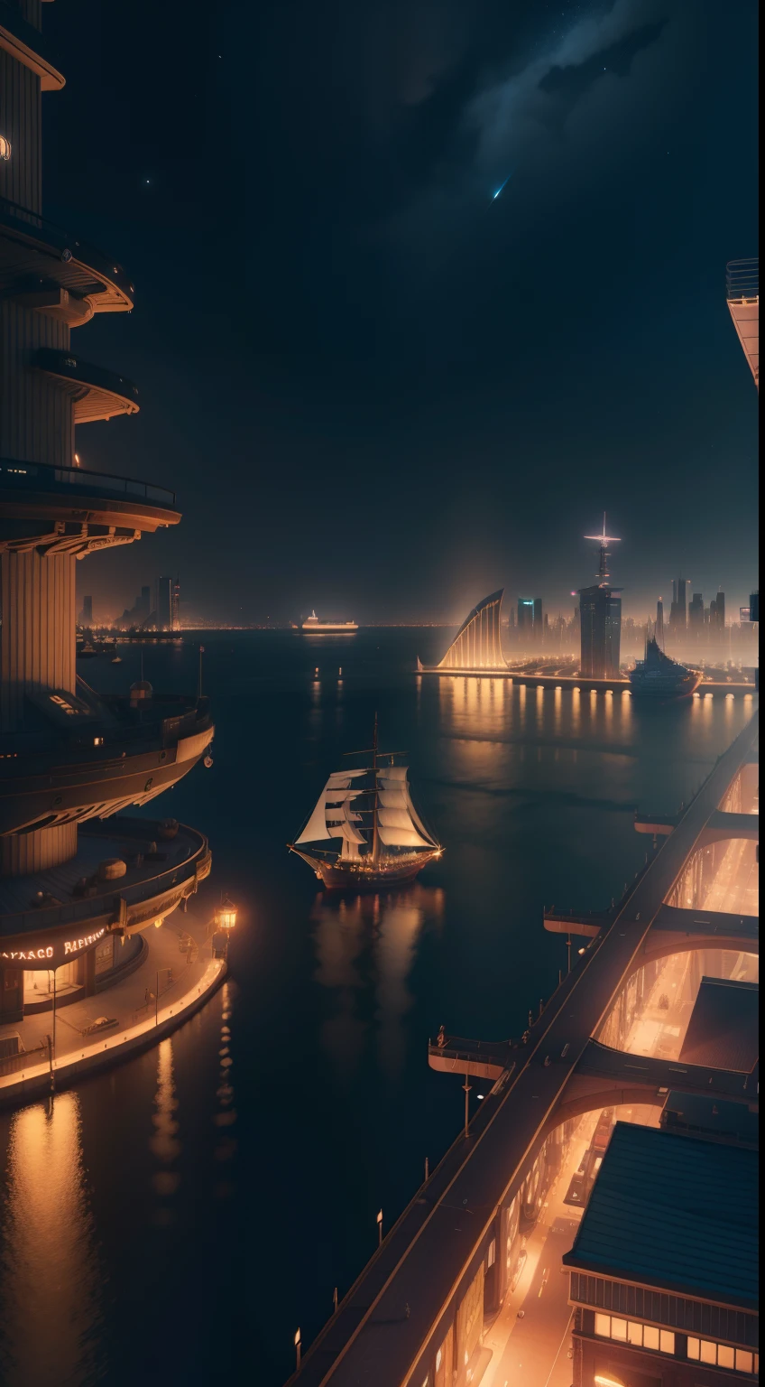sailorpunk city with flying zeppelins everywhere, night time, realistic, pc wallpaper, 4k, unreal engine, extreme details